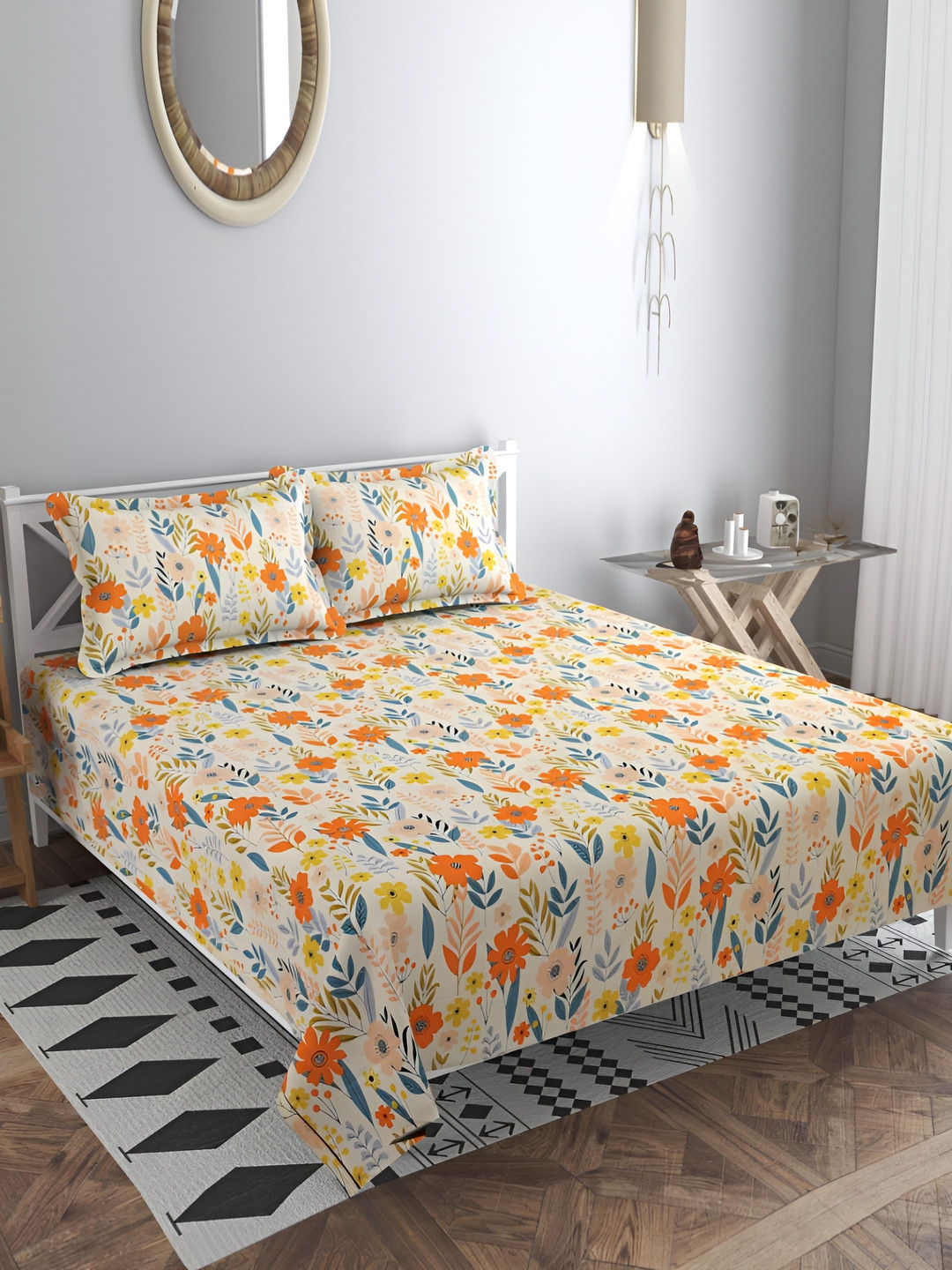 bsb home Kingston Orange Floral Cotton 220 TC King Fine Bedsheet with 2 Pillow Covers-108 x 108 inches