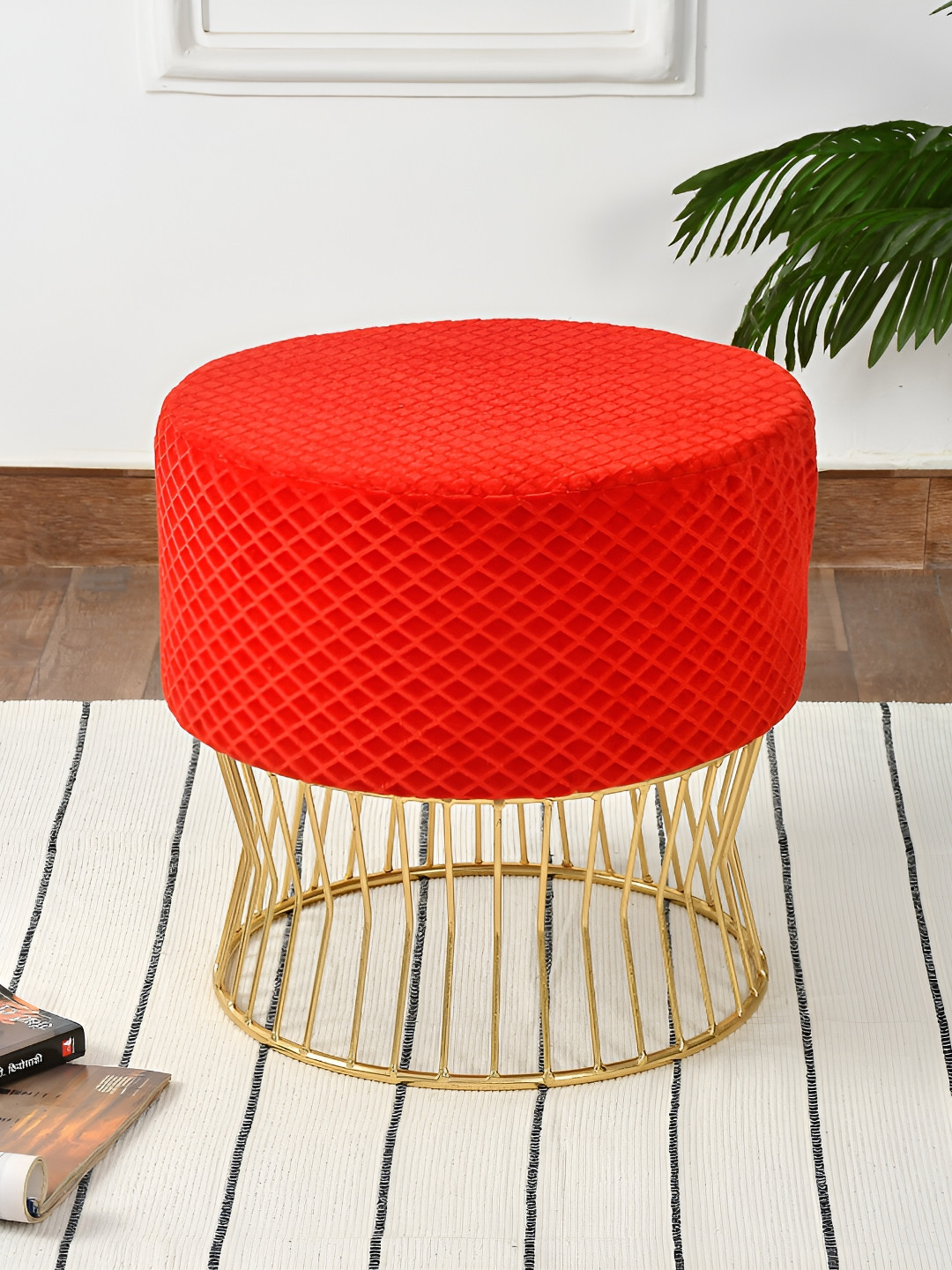 COMFIDELITAS Teviston Red Abstract Printed Cylindrical Shaped Seating Ottoman