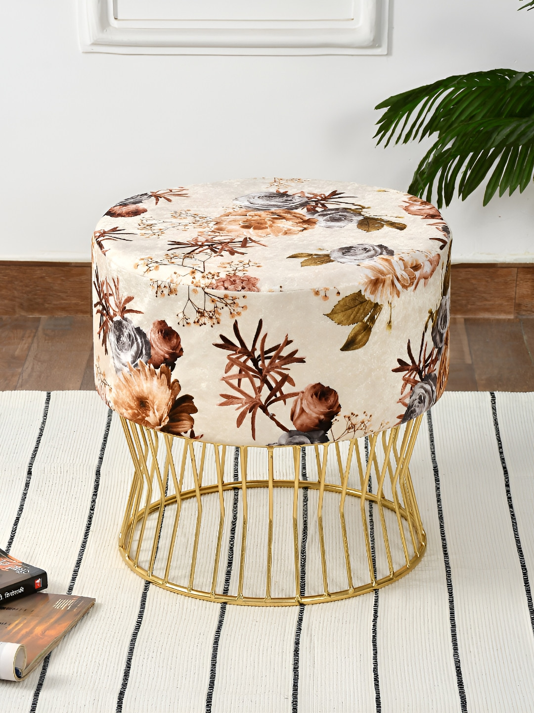 COMFIDELITAS Cream Colored Floral Printed Cylindrical Shaped Seating Ottoman