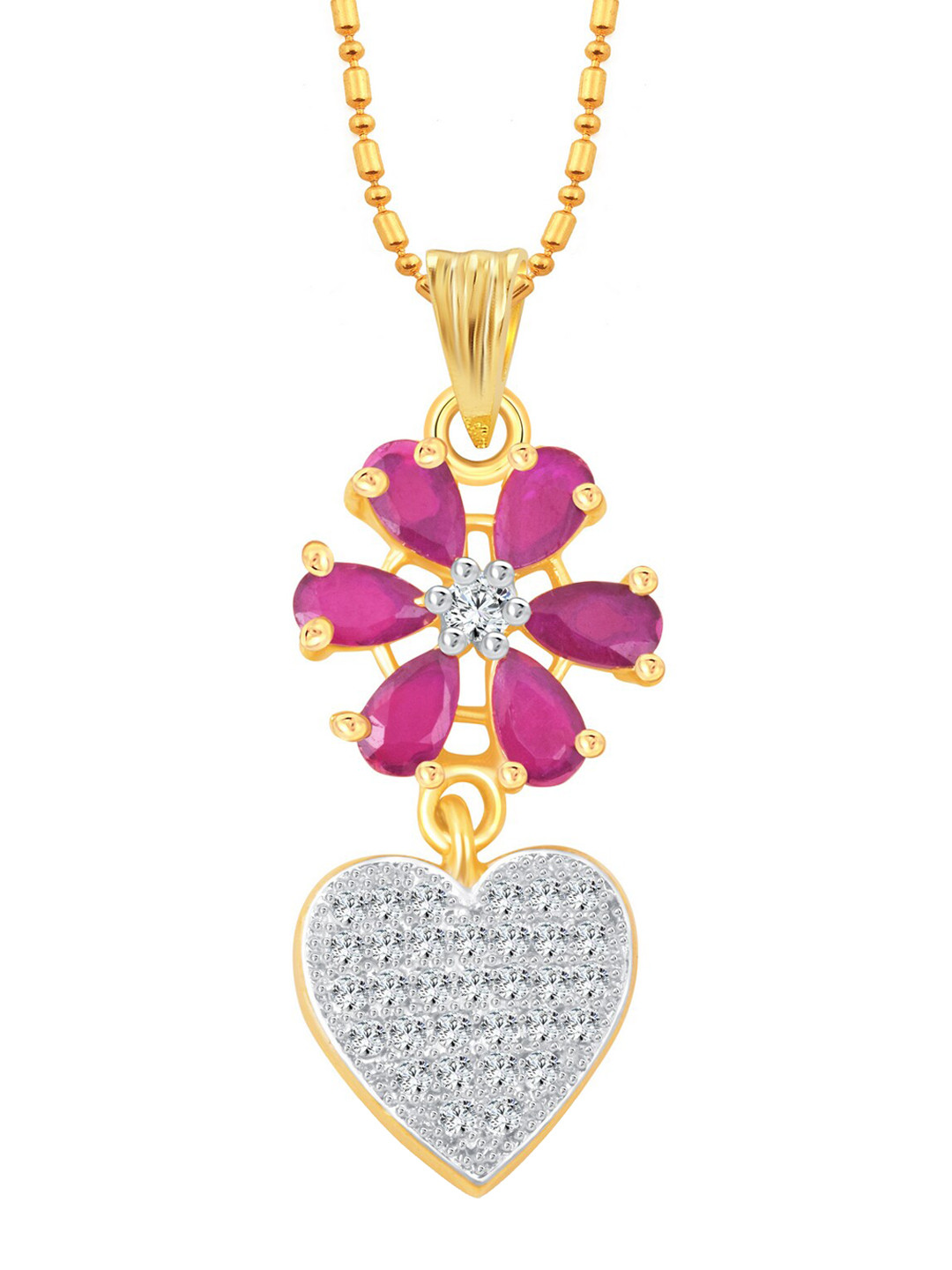 Vighnaharta Gold-Plated Ruby Flower Shaped Pendants with Chains