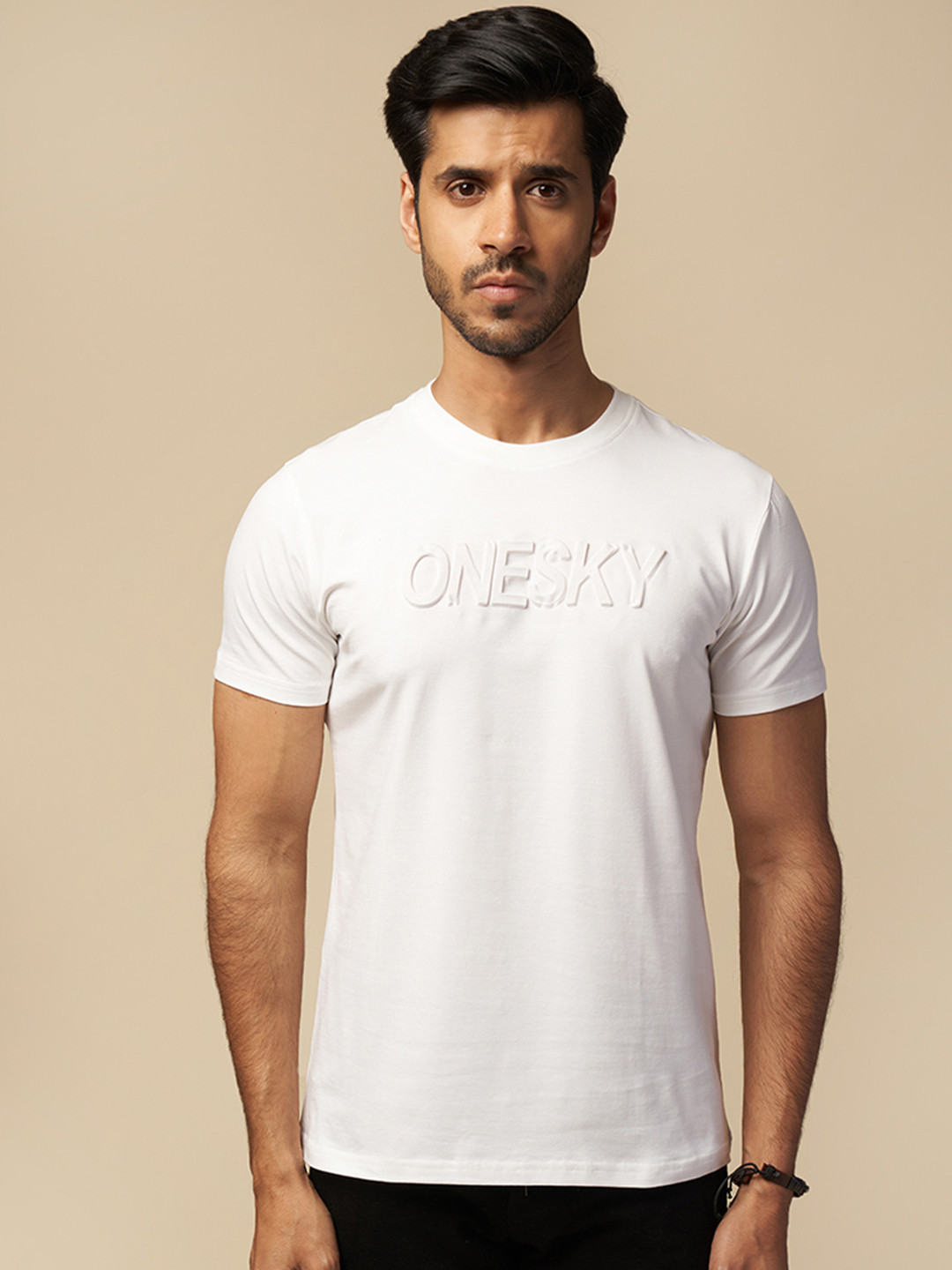 ONE SKY Typography Self Design Round Neck T-shirt