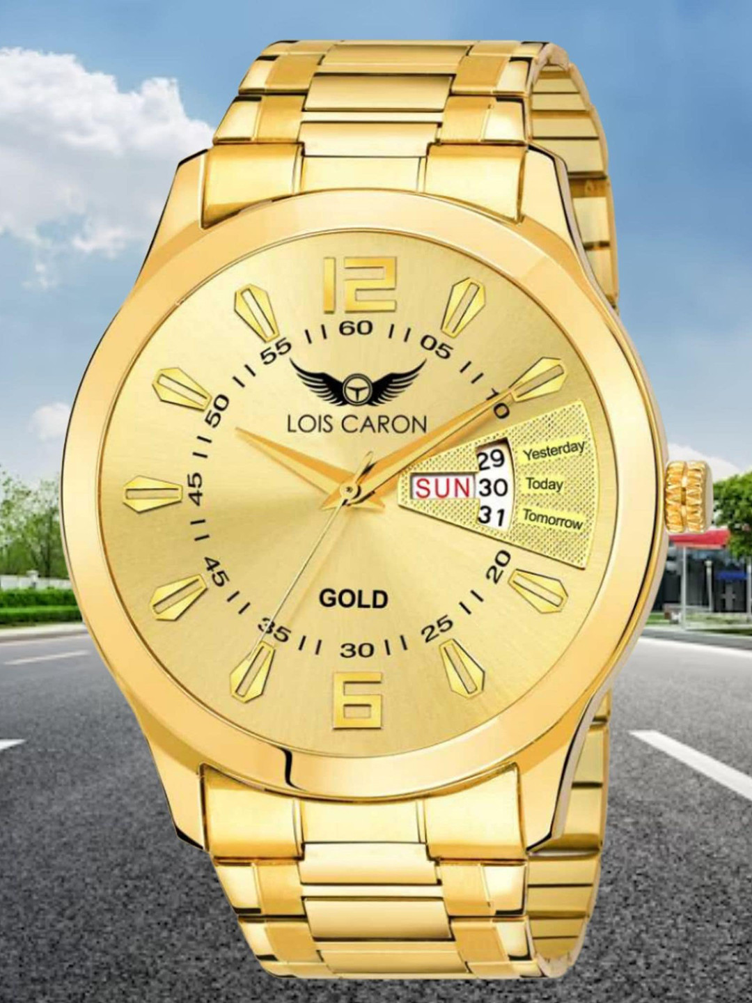 LOIS CARON Men Stainless Steel Bracelet Style Analogue Calendar Watch LCS-8404_Golden