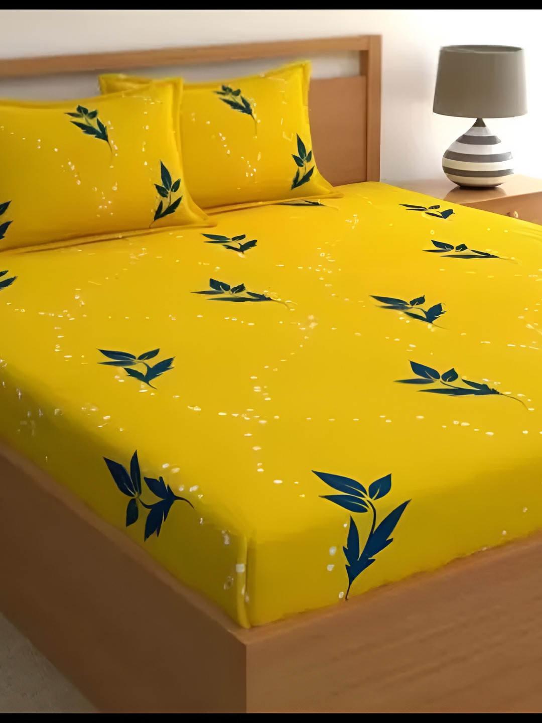 Supreme Home Collective Yellow Floral Microfiber 144 TC Fitted Queen Bedsheet with 2 Pillow Covers-90 x 98 inches