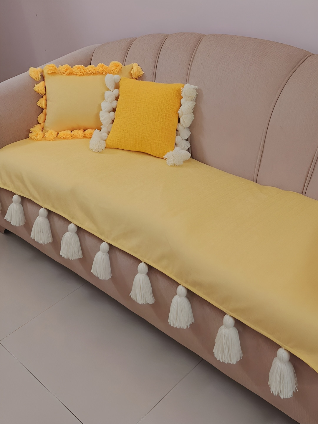 THROWPILLOW Yellow 3 Seater Sofa Cover With Tassels