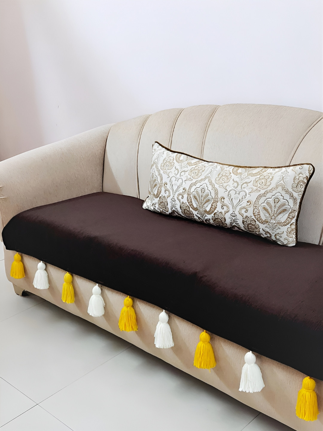 THROWPILLOW Brown 3 Seater Sofa Cover With Tassels