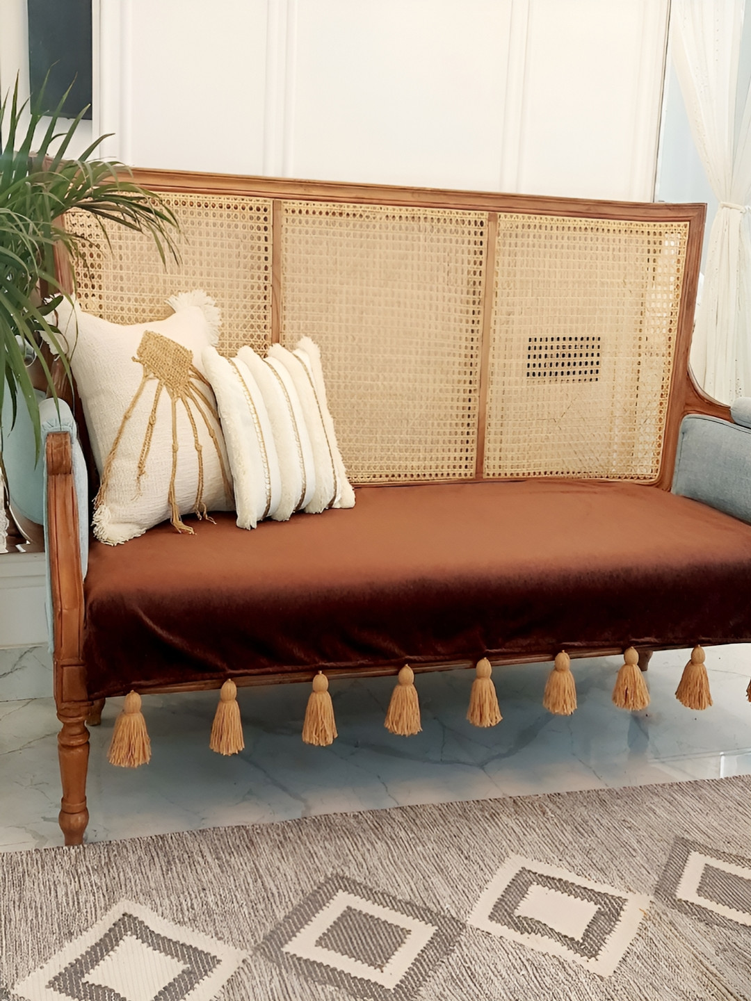 THROWPILLOW Brown 3 Seater Sofa Cover With Tassels