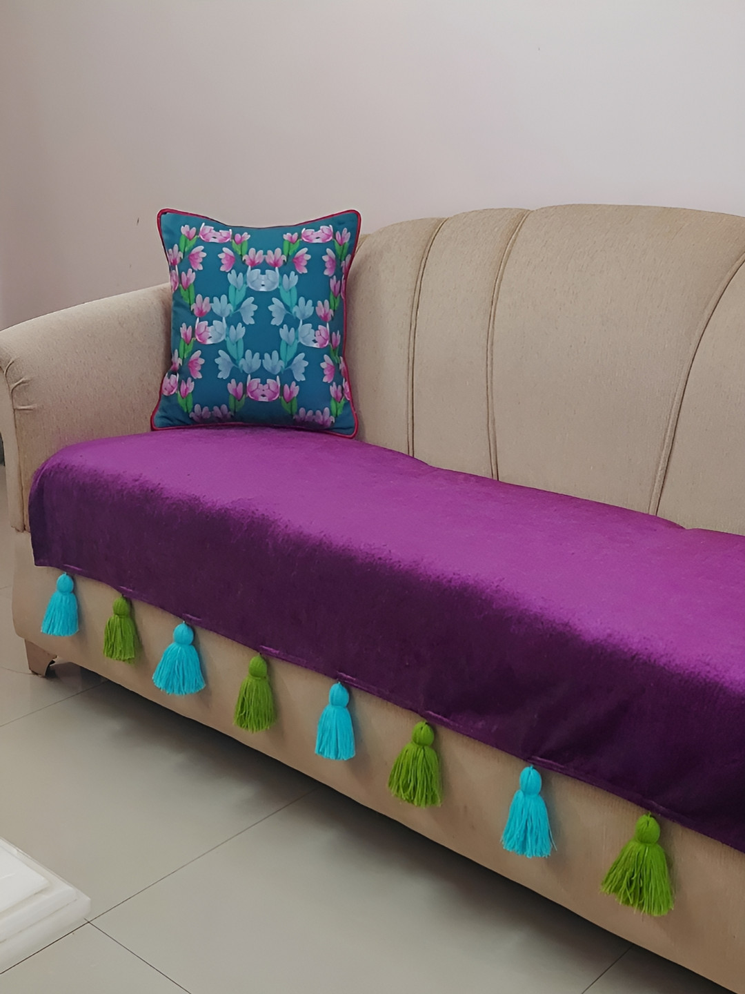 THROWPILLOW Purple 3 Seater Sofa Cover With Tassels