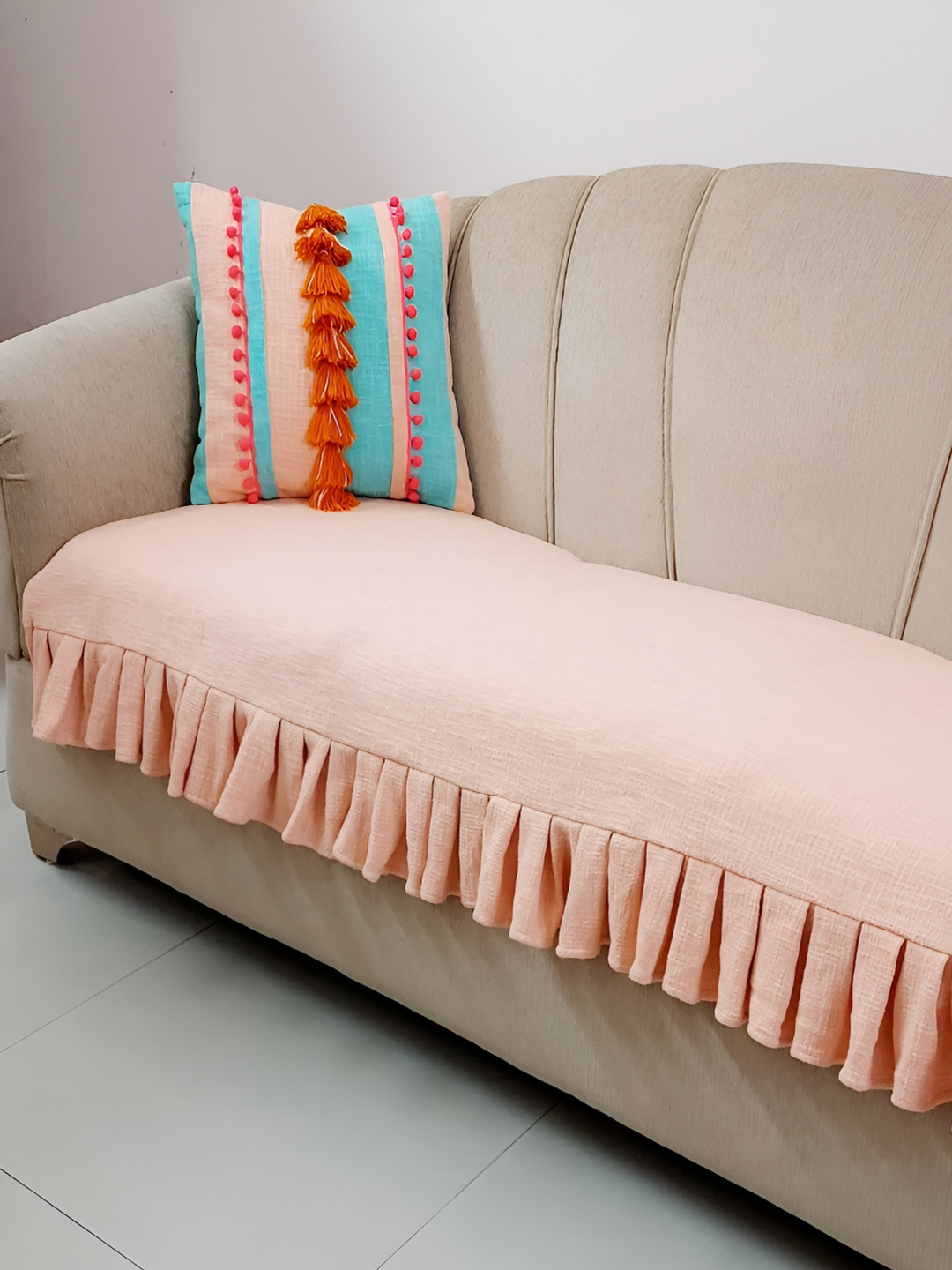 THROWPILLOW Peach 3 Seater Ruffled Sofa Cover