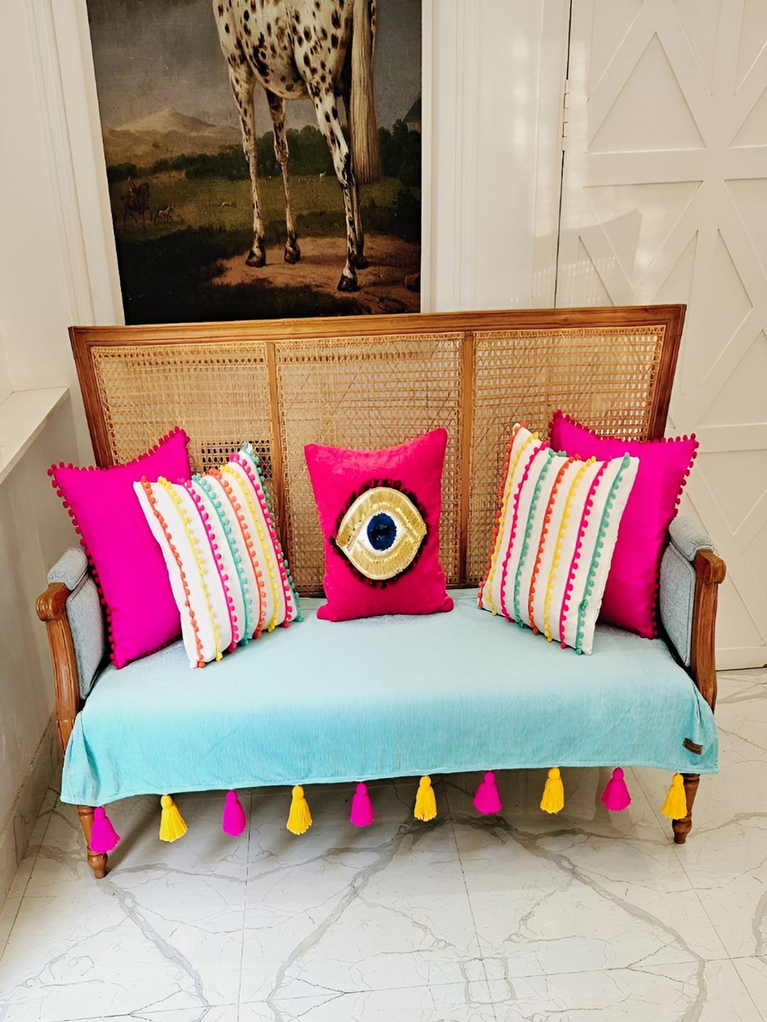 THROWPILLOW Turquoise Blue 3 Seater Sofa Cover With Tassels