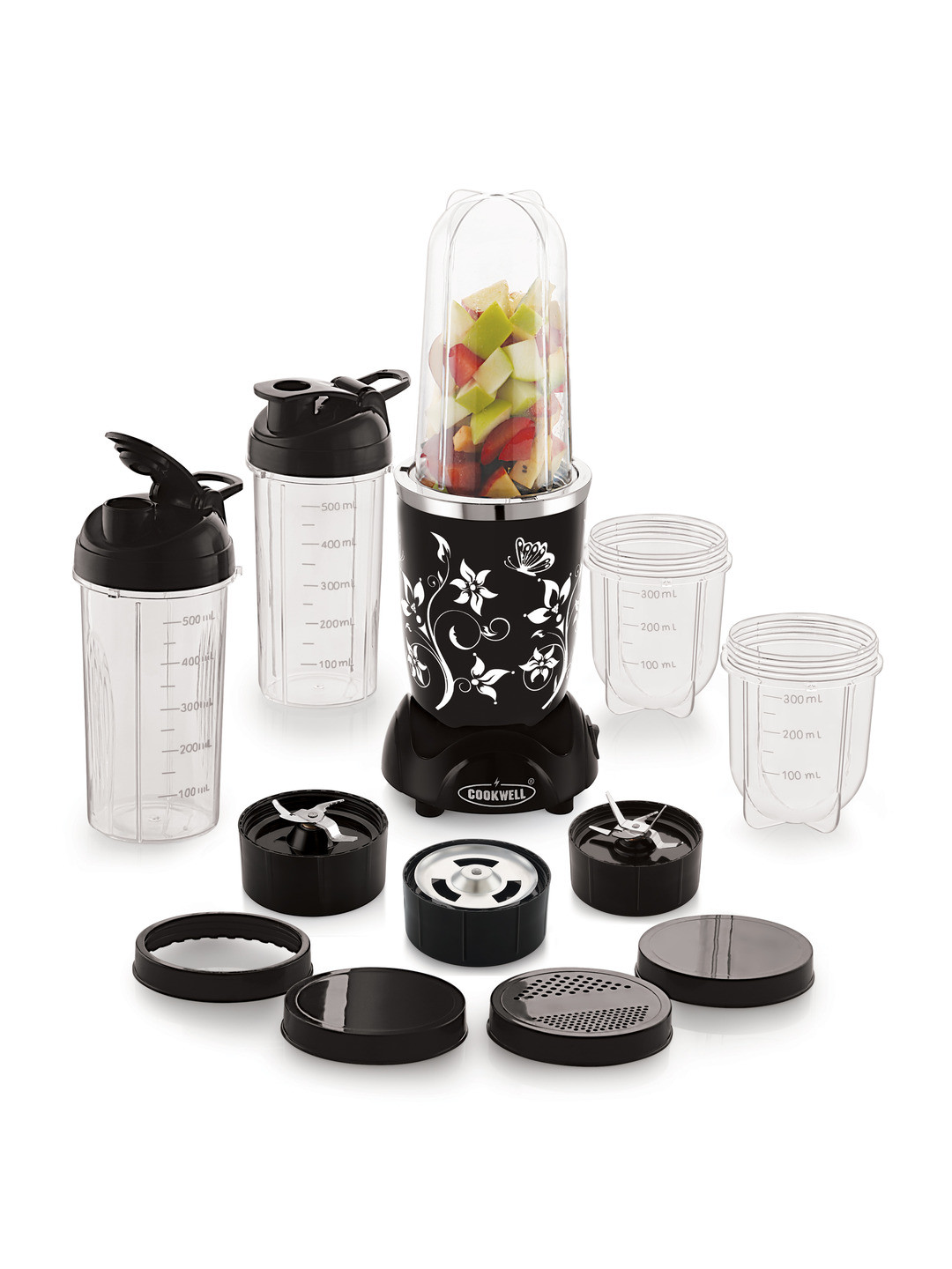 Cookwell Nutri Black Plastic Anti-Drip 5 Jars Wet and Dry Grinder with Juicer-500W