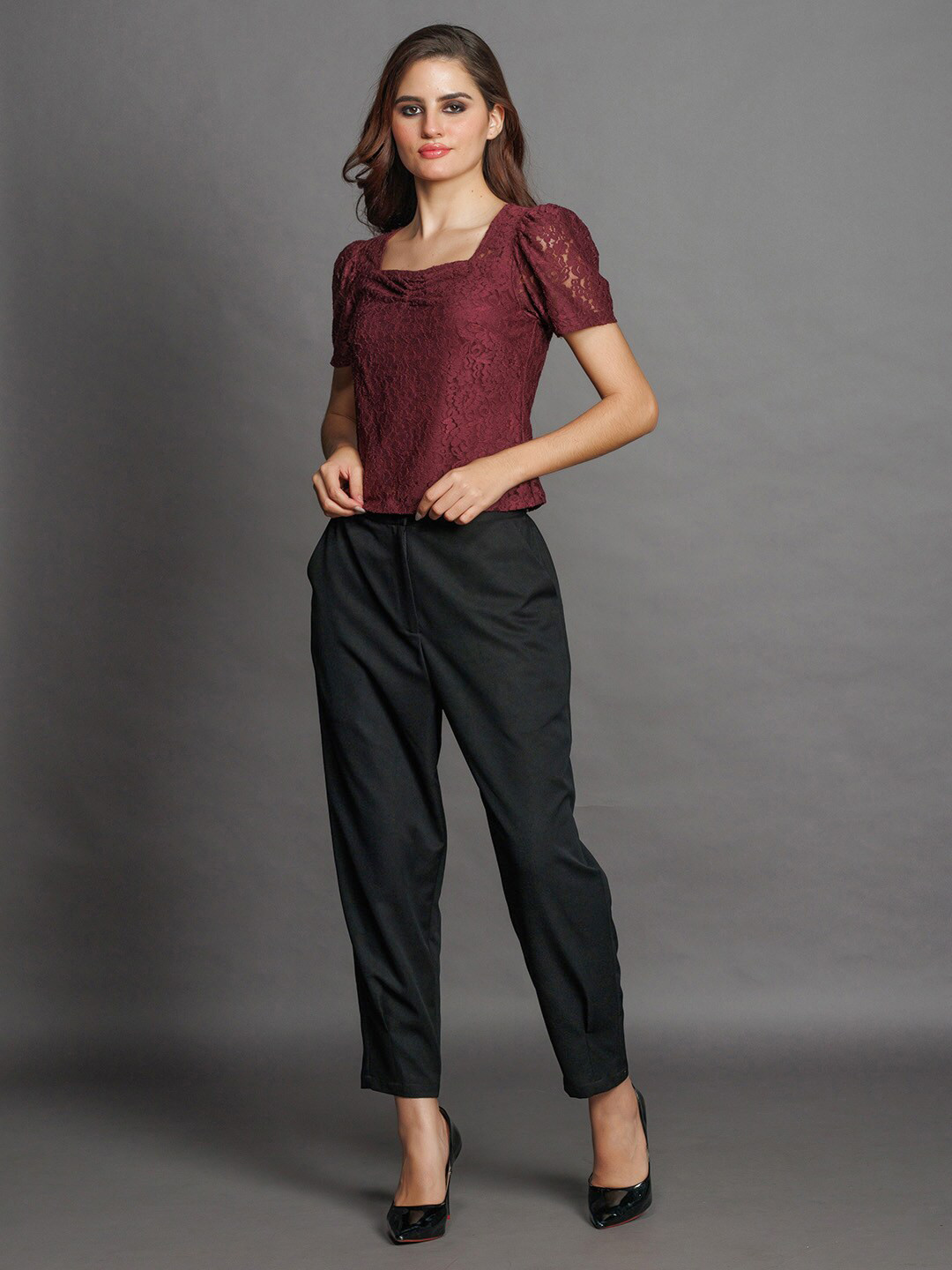 Zink London Floral Self Design Square Neck Puff Sleeves Crop Regular Top