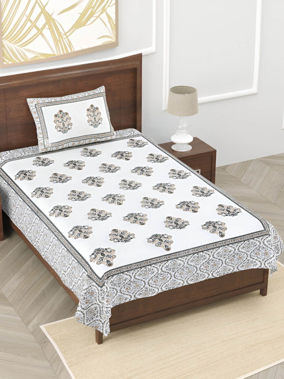EasyGoods Monarchsingle30 Brown Ethnic Motifs Cotton 120 TC Single Bedsheet with a Pillow Cover-60 x 90 inches
