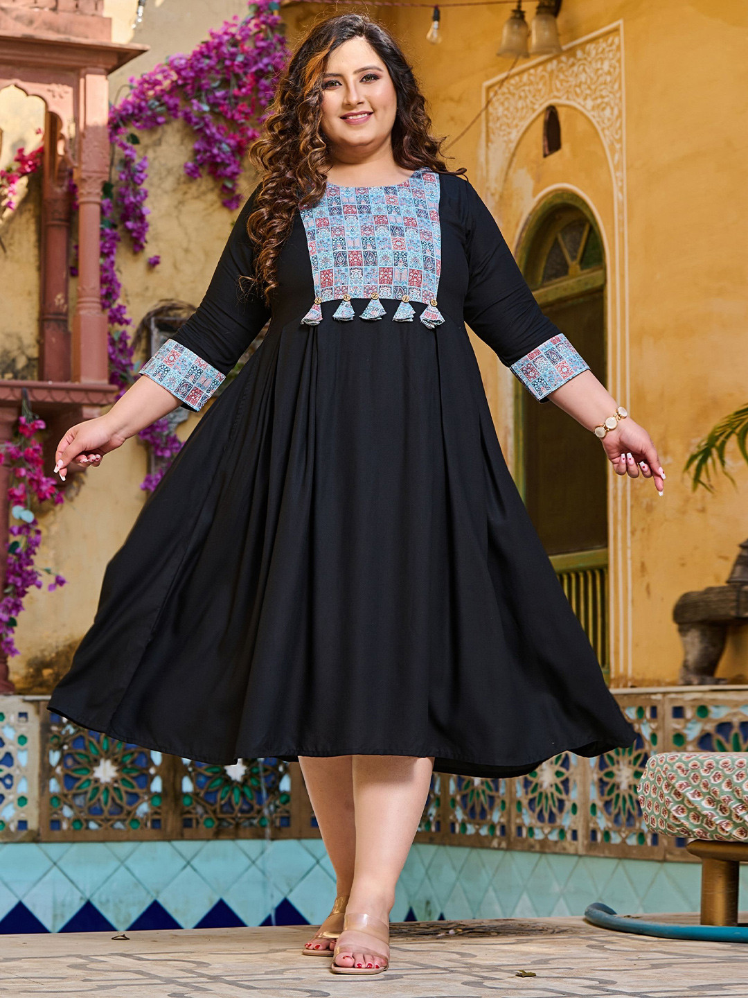 PrettyPlus by Desinoor.com Plus Size Round Neck Three-Quarter Sleeves A-Line Midi Dress