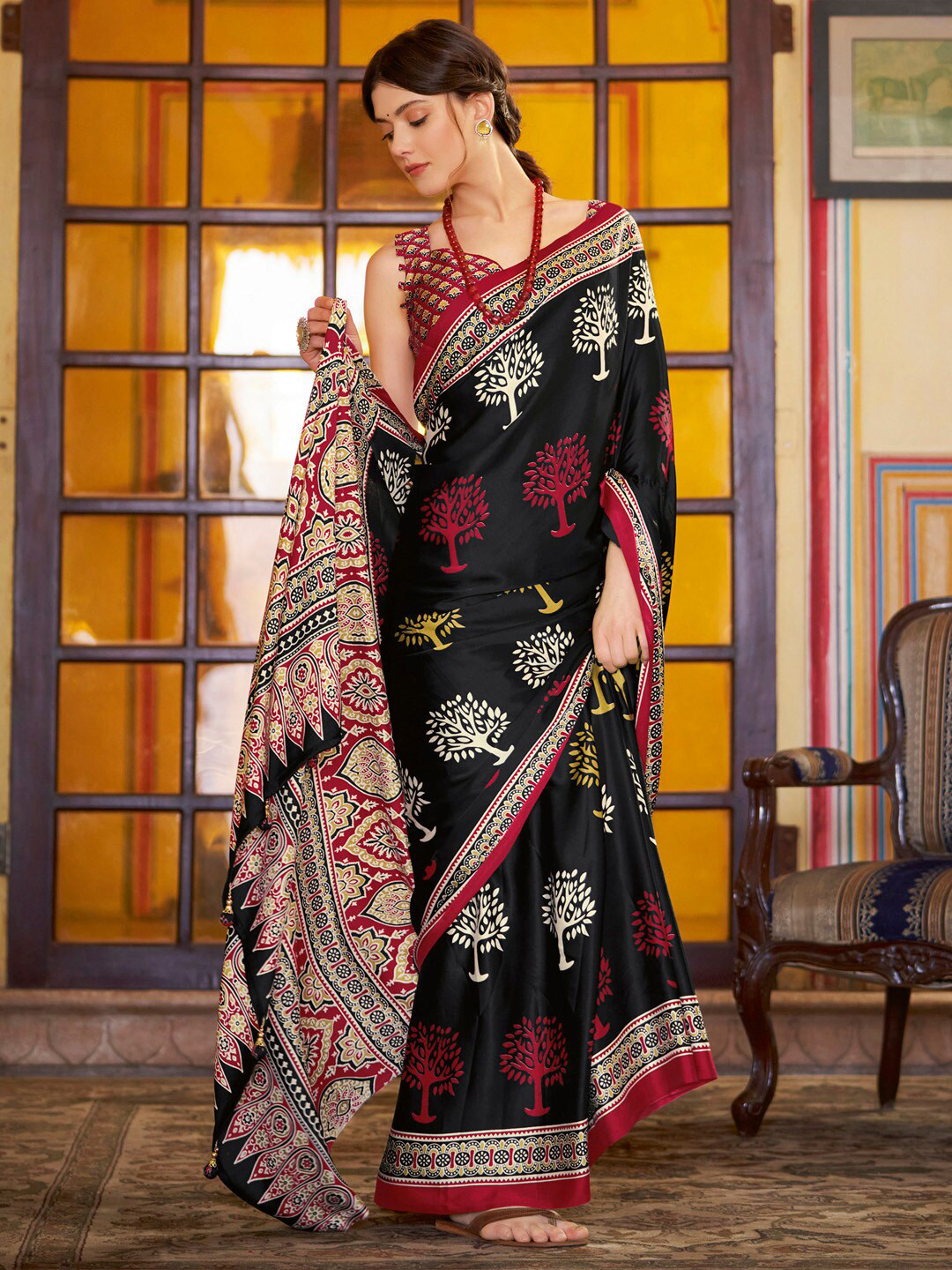Saree mall modal Ajrak Block Poly Crepe Designer Bagru SareesWith Blouse Piece