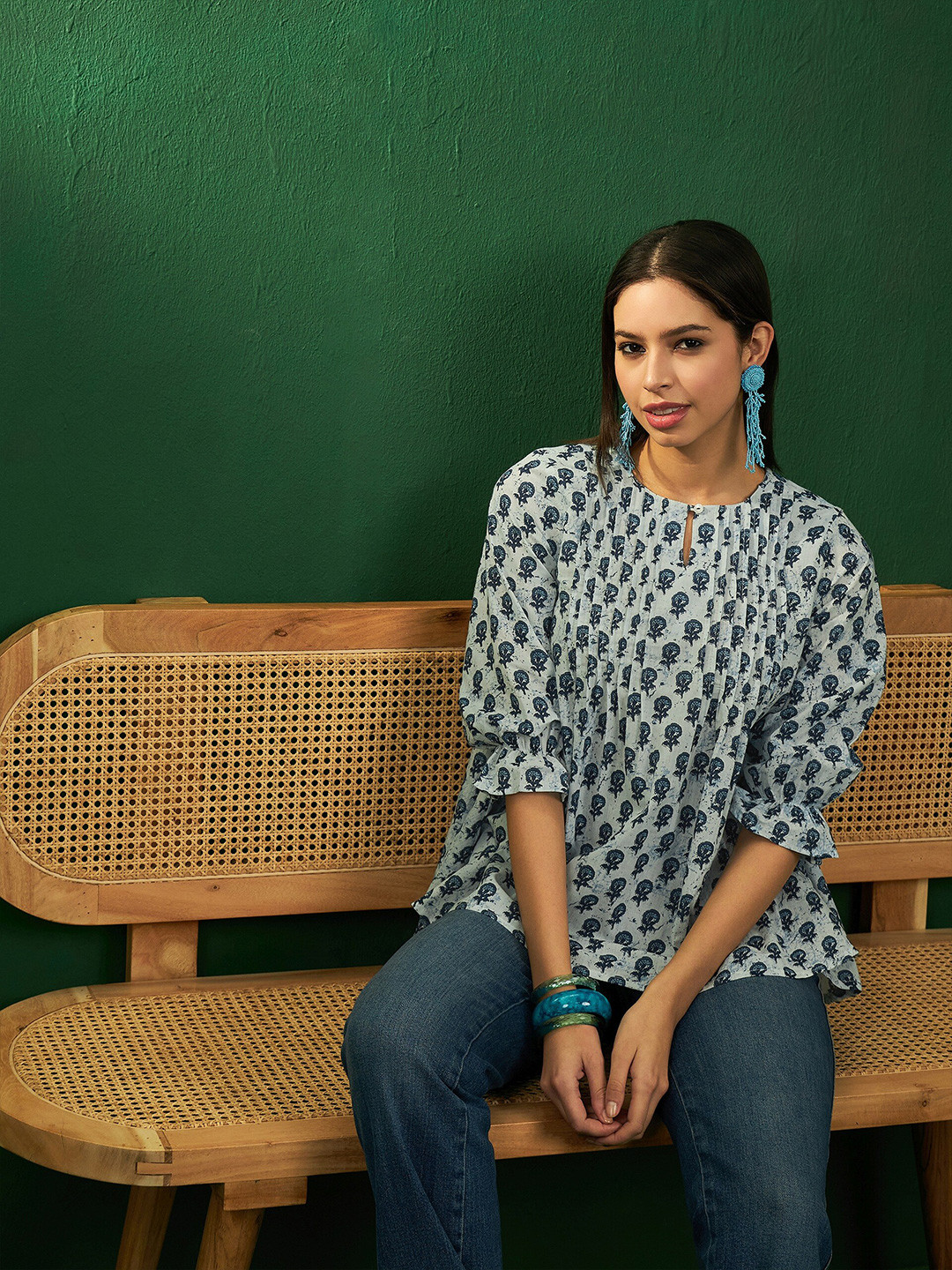 Sangria Butta Floral Printed Keyhole Neck Puff Sleeves Pleated Cotton Top