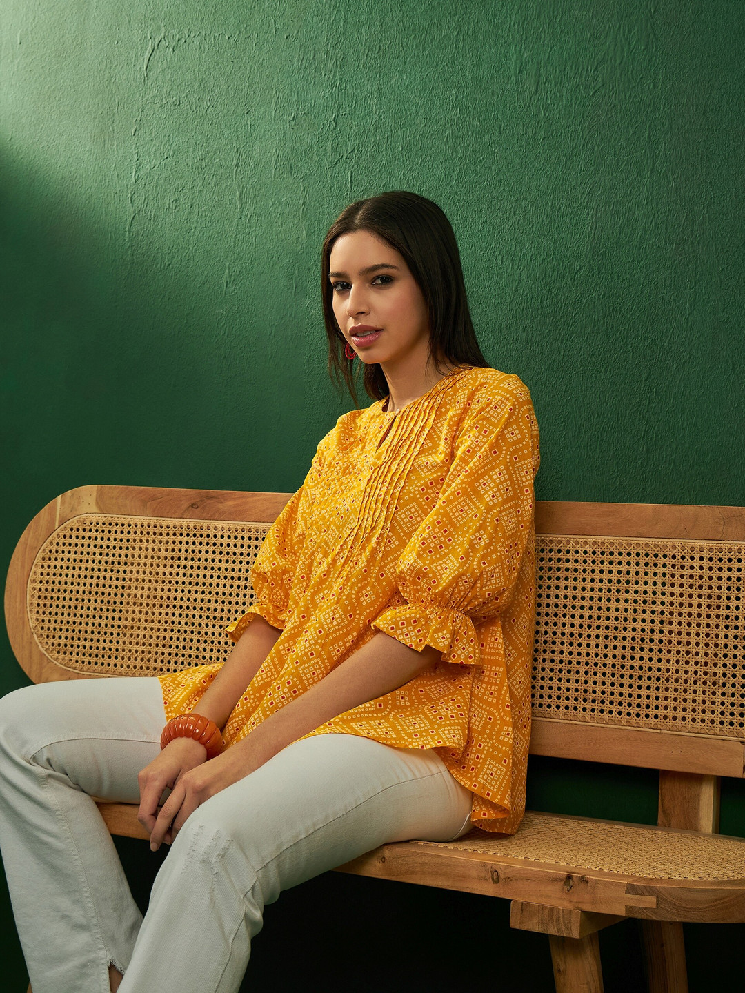 Sangria Bandhej Printed Keyhole Neck Puff Sleeves Pleated A-Line Cotton Top