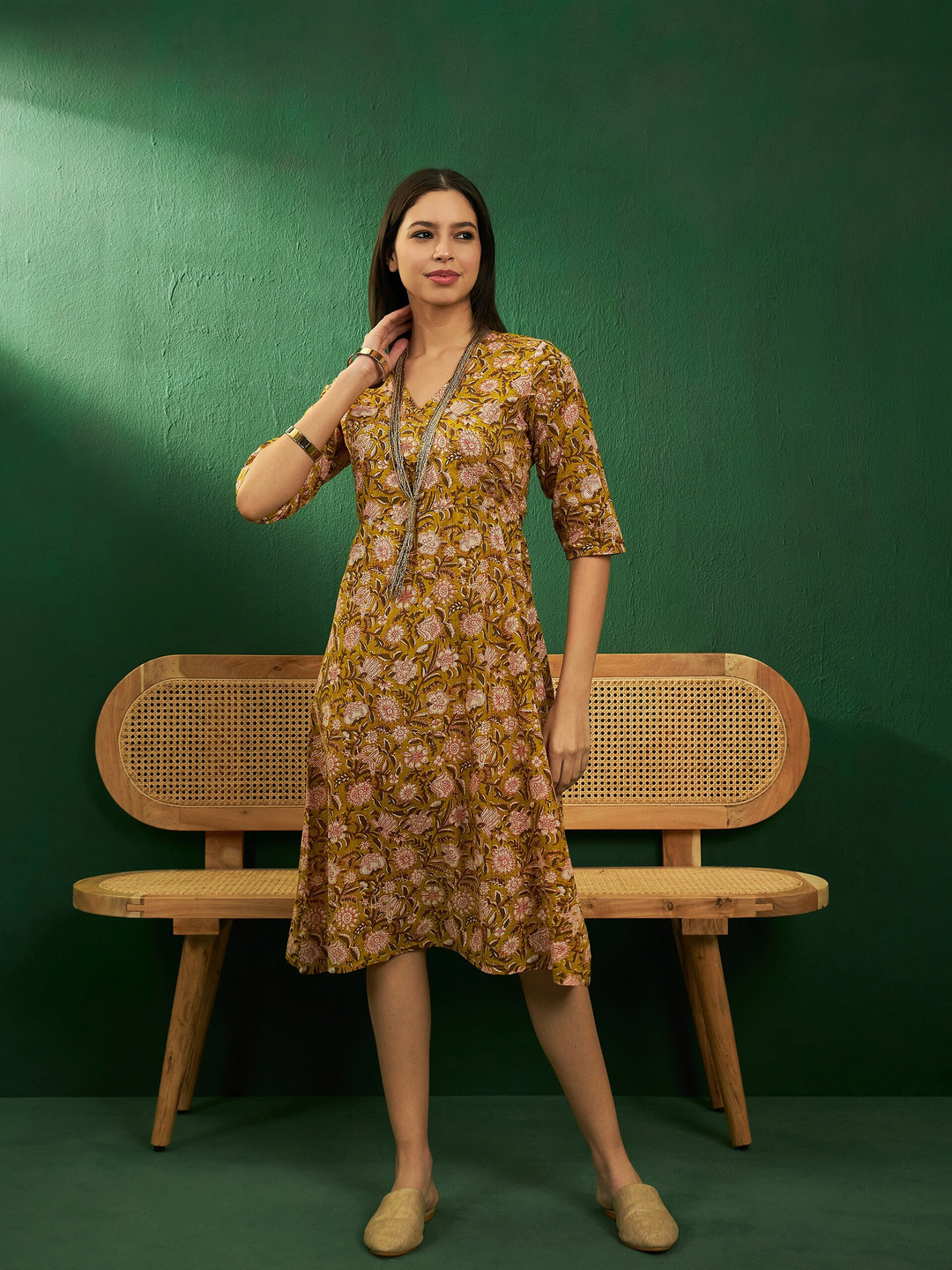 Sangria Ethnic Print V-Neck Belted Angrakha Cotton A-Line Dress