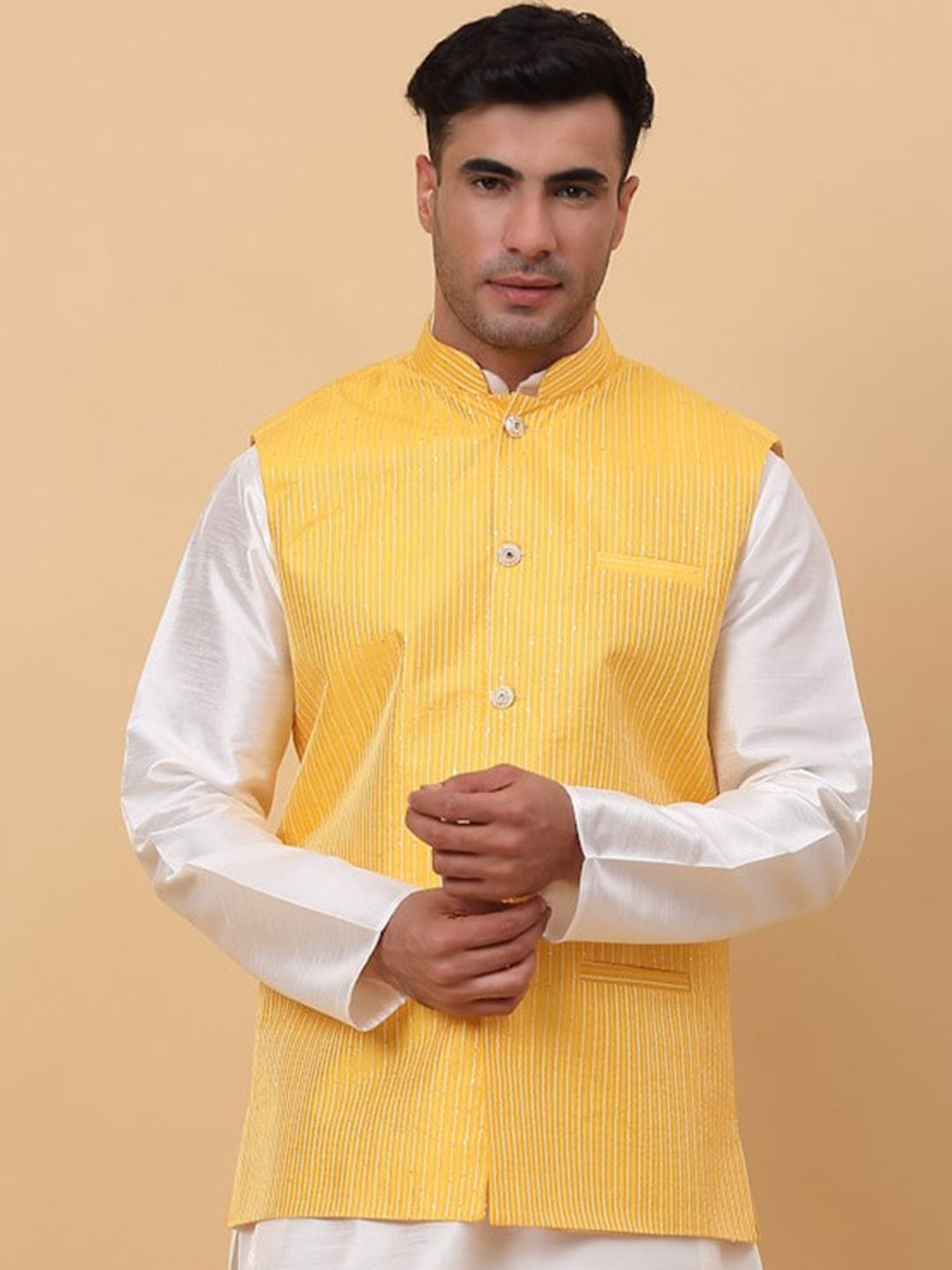 KRAFT INDIA Striped With Sequin-Embellished Nehru Jacket