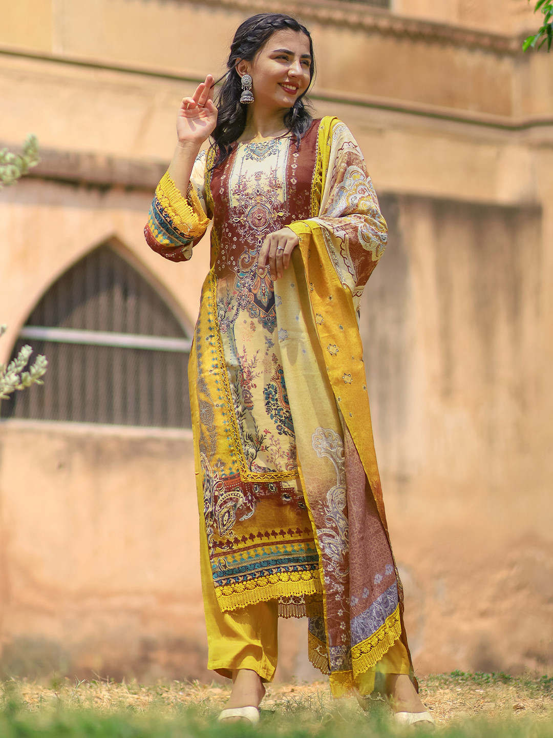Libas Mustard Yellow Ethnic Motifs Printed Round Neck Sequinned Straight Kurta Set