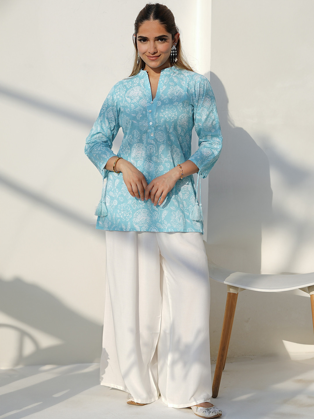 Libas Floral Printed Mandarin Collar Three-Quarter Sleeves Pure Cotton Kurti