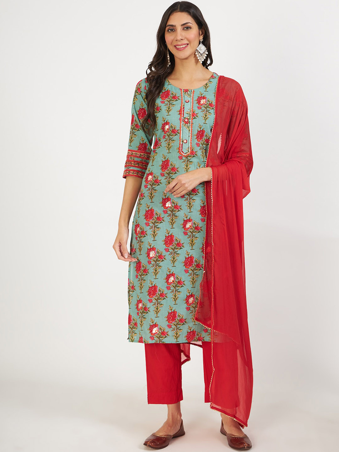 Divena Floral Printed Gotta Patti Pure Cotton Straight Kurta with Trousers & Dupatta