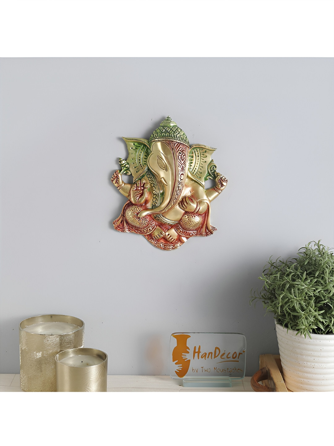 Two Moustaches Ganesha Wall Hanging Brass Ethnic Motifs Glossy Spiritual Wall Decor-8.7In