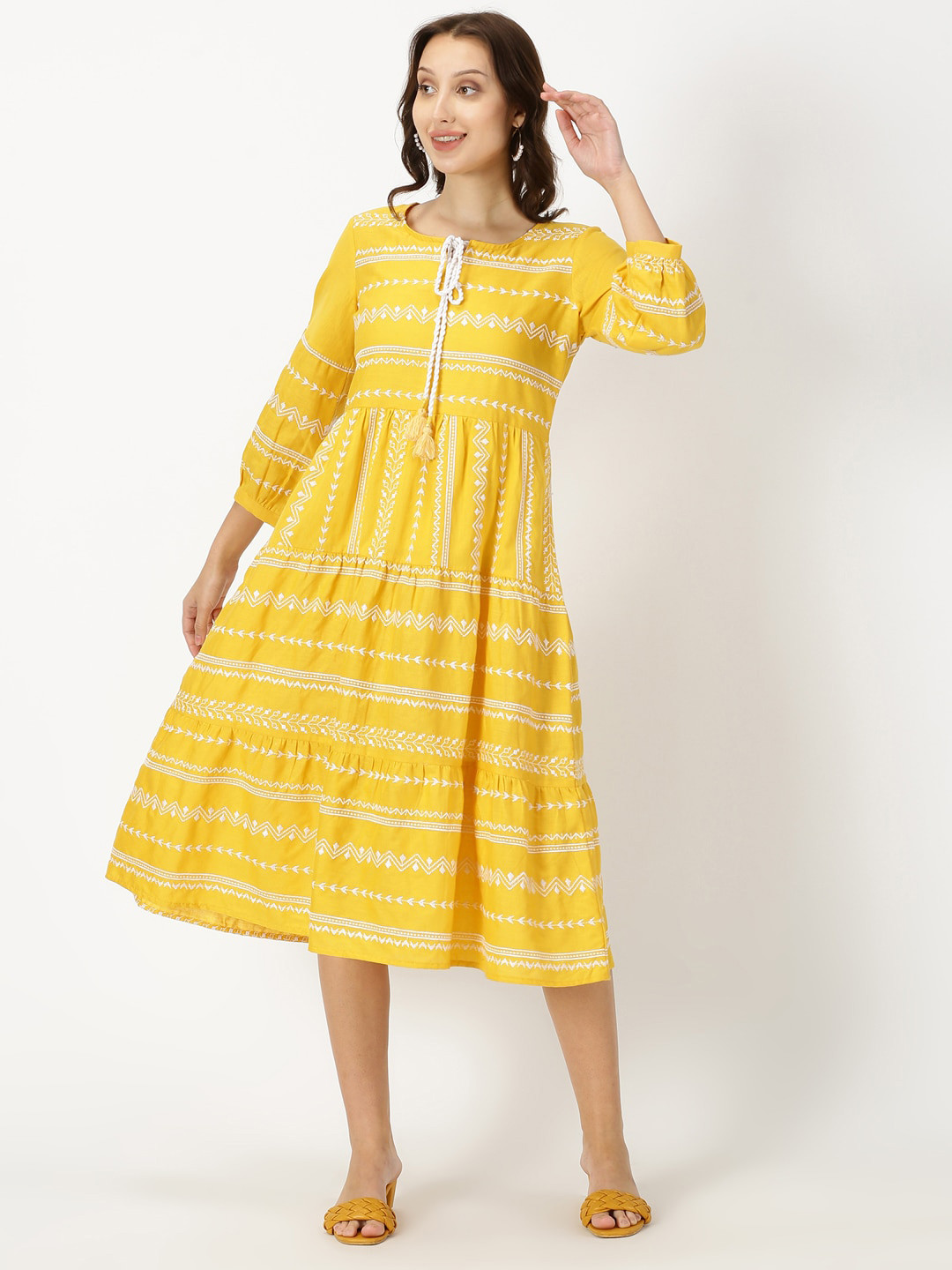Saffron Threads Embroidered Tie-Up Neck Cotton Fit & Flare Midi Dress