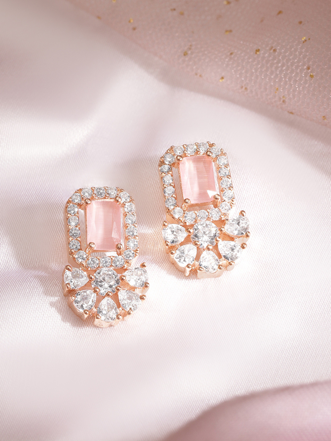 Rubans Rose Gold-Plated AD Studded Floral Studs Earrings