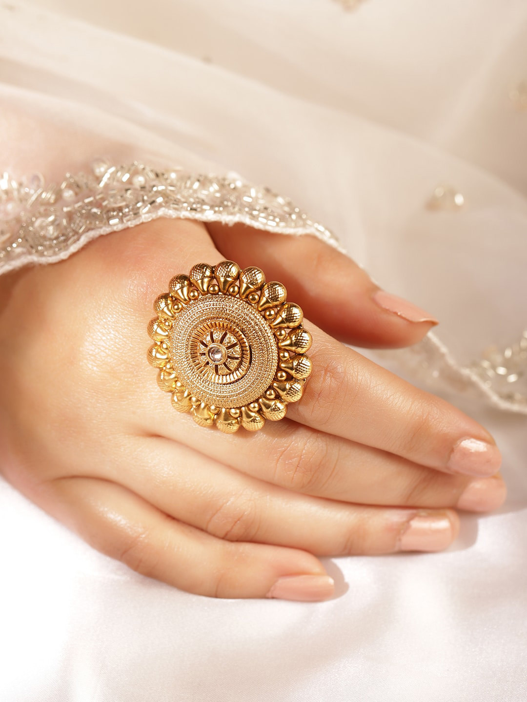 Rubans Women 22K Gold-Plated Antique Floral Motif Adjustable Statement Finger Ring