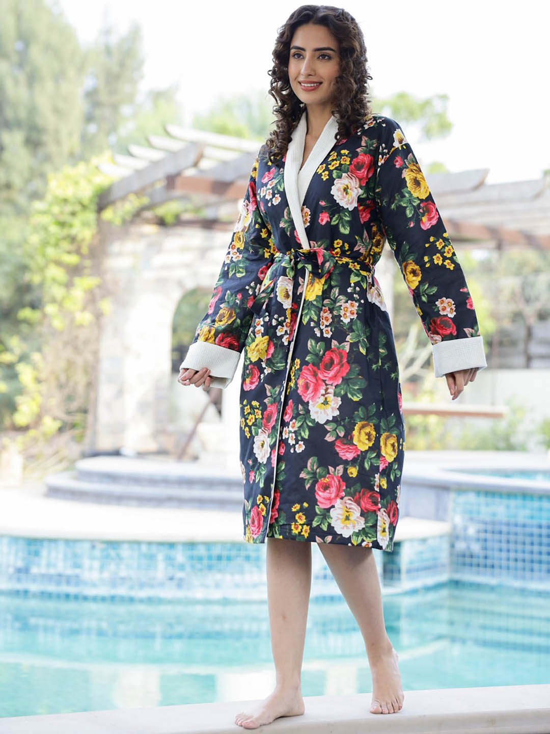 SANSKRUTIHOMES Navy Blue & White Printed Comfort-Fit Bath Robe