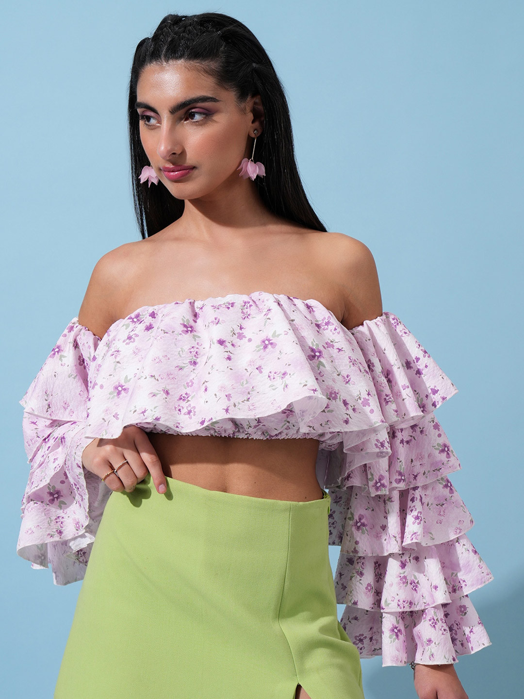 Tokyo Talkies Lavender Floral Printed Off-Shoulder Flared Sleeve Ruffles Bardot Crop Top