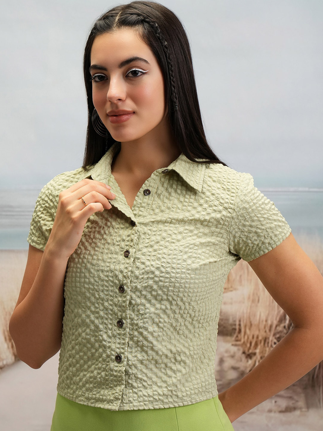 Tokyo Talkies Green Self Design Shirt Style Top