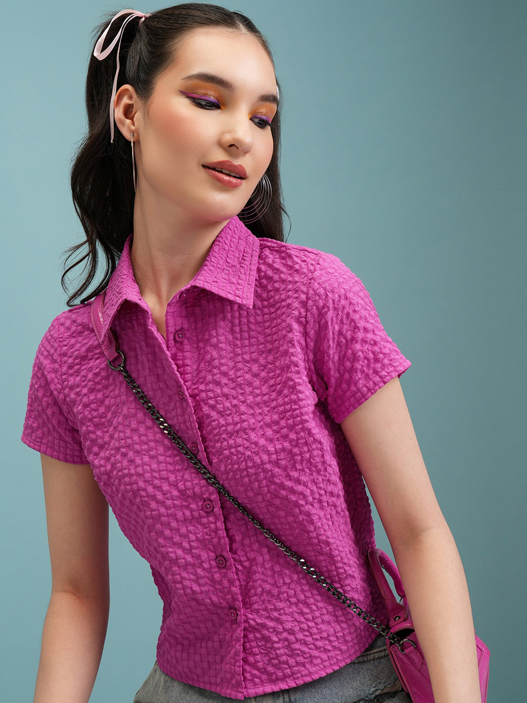 Tokyo Talkies Magenta Self Design Shirt Style Top