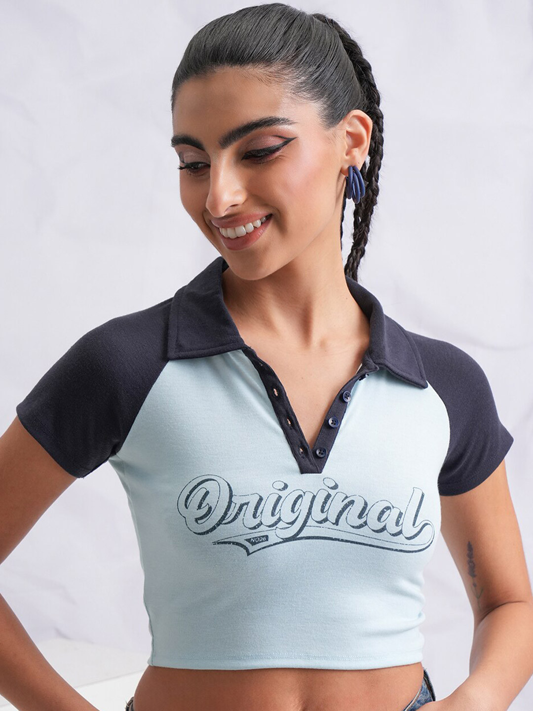 Tokyo Talkies Blue Colourblocked Fitted Crop Top