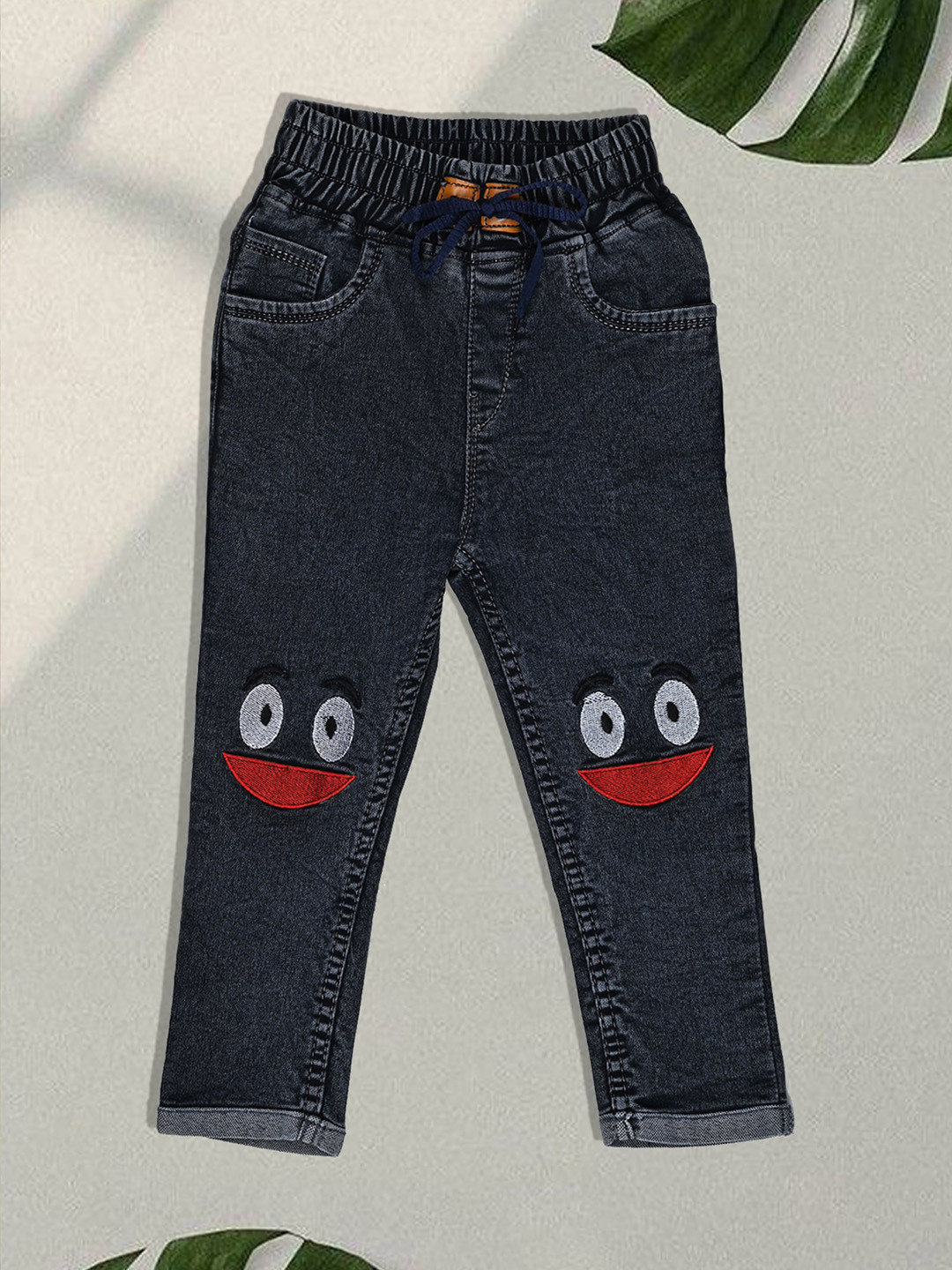 F2M Boys Embroidered Slim Fit High-Rise Clean Look Denim Trousers