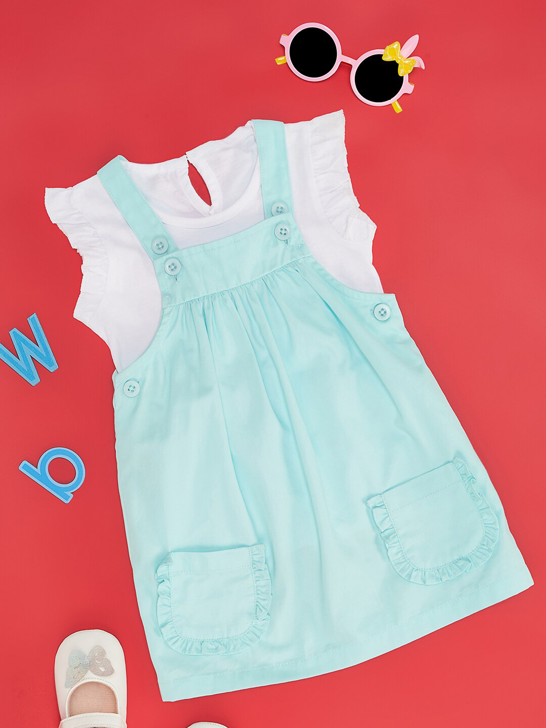 YU by Pantaloons Girls Cap Sleeves Pleated Cotton Pinafore Dress With Top