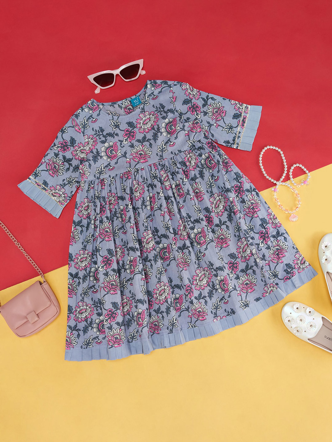 YU by Pantaloons Girls Floral Printed Gathered Cotton A-Line Dress