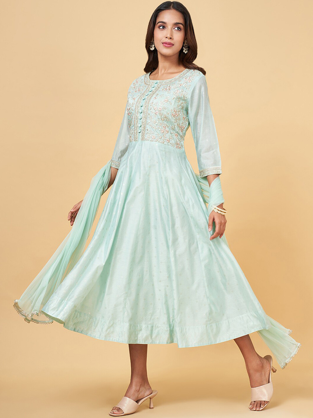 RANGMANCH BY PANTALOONS Floral Embroidered Flared Midi Ethnic Dress With Dupatta