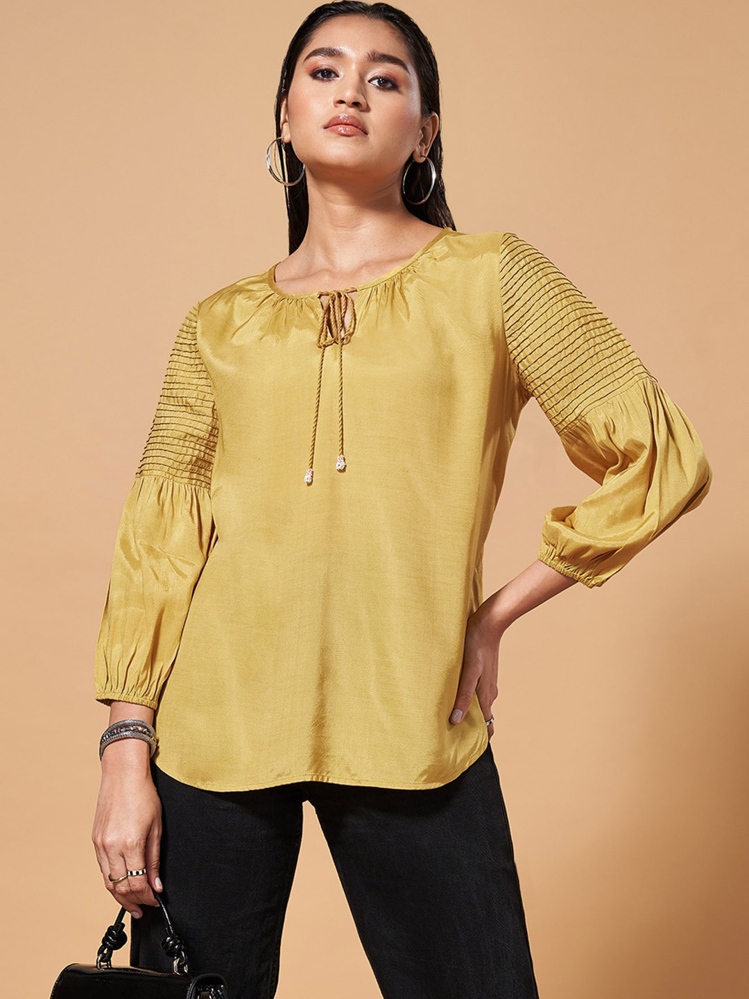 Marigold Lane Tie-Up Neck Puff Sleeve Regular Top