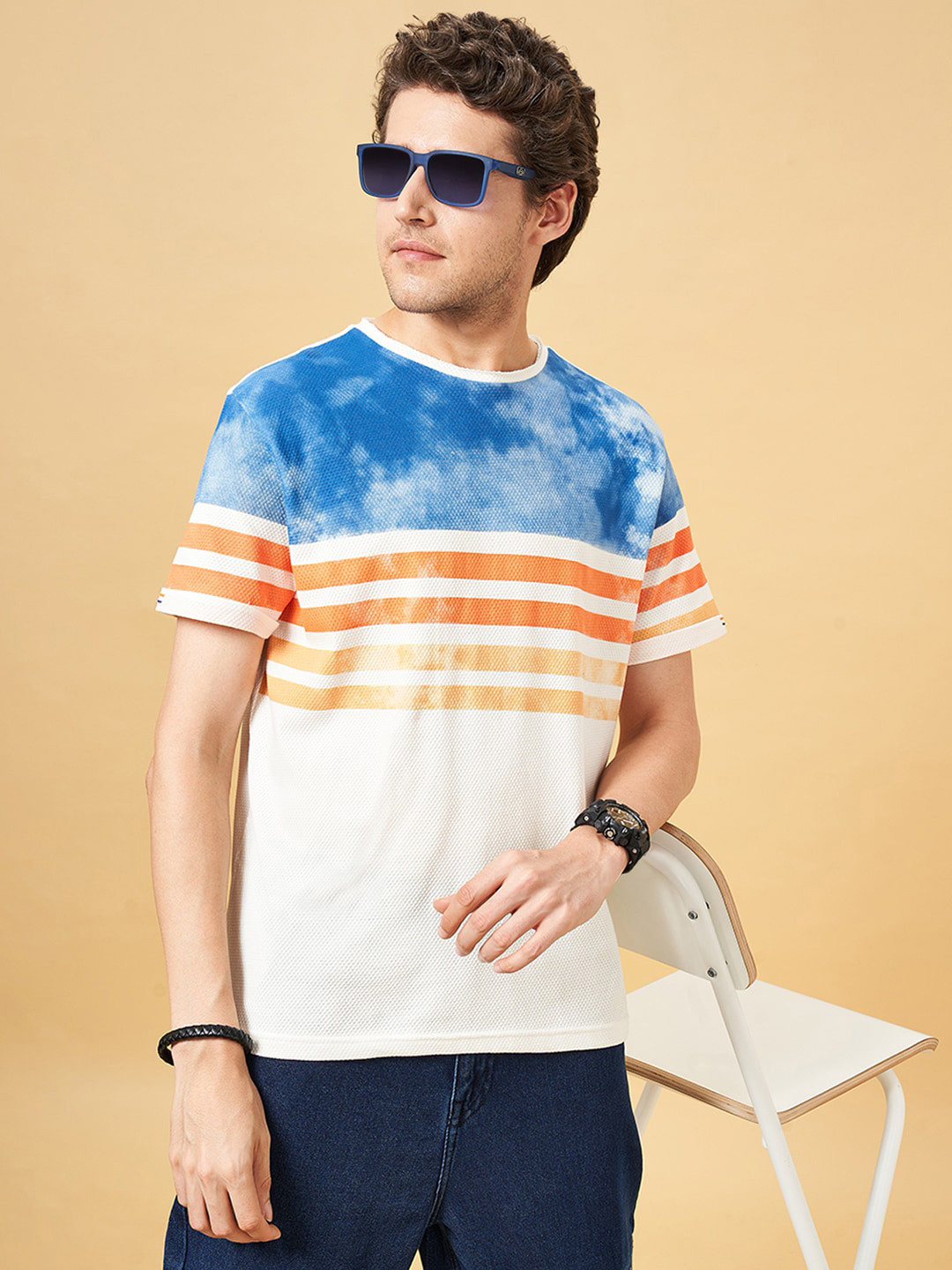 People Blue & White Striped Round Neck Pure Cotton T-shirt