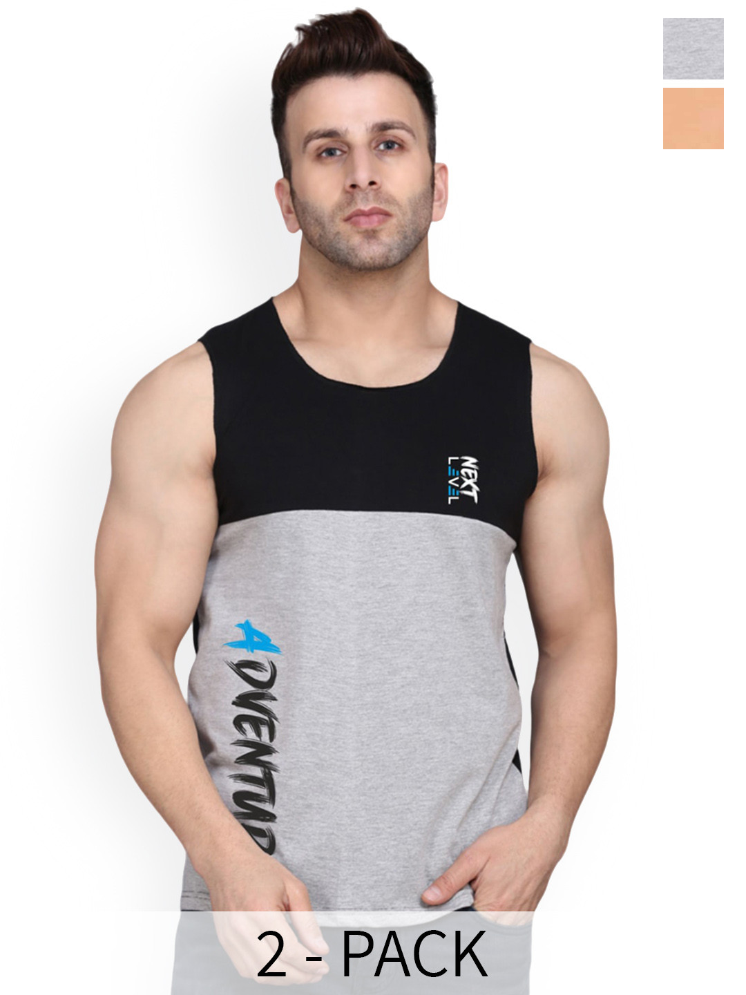 SLOWLORIS Pack Of 2 Printed Bio-Wash Cotton Gym Vests SL26 (RUST KEEP) (BLACKGREY ADV)