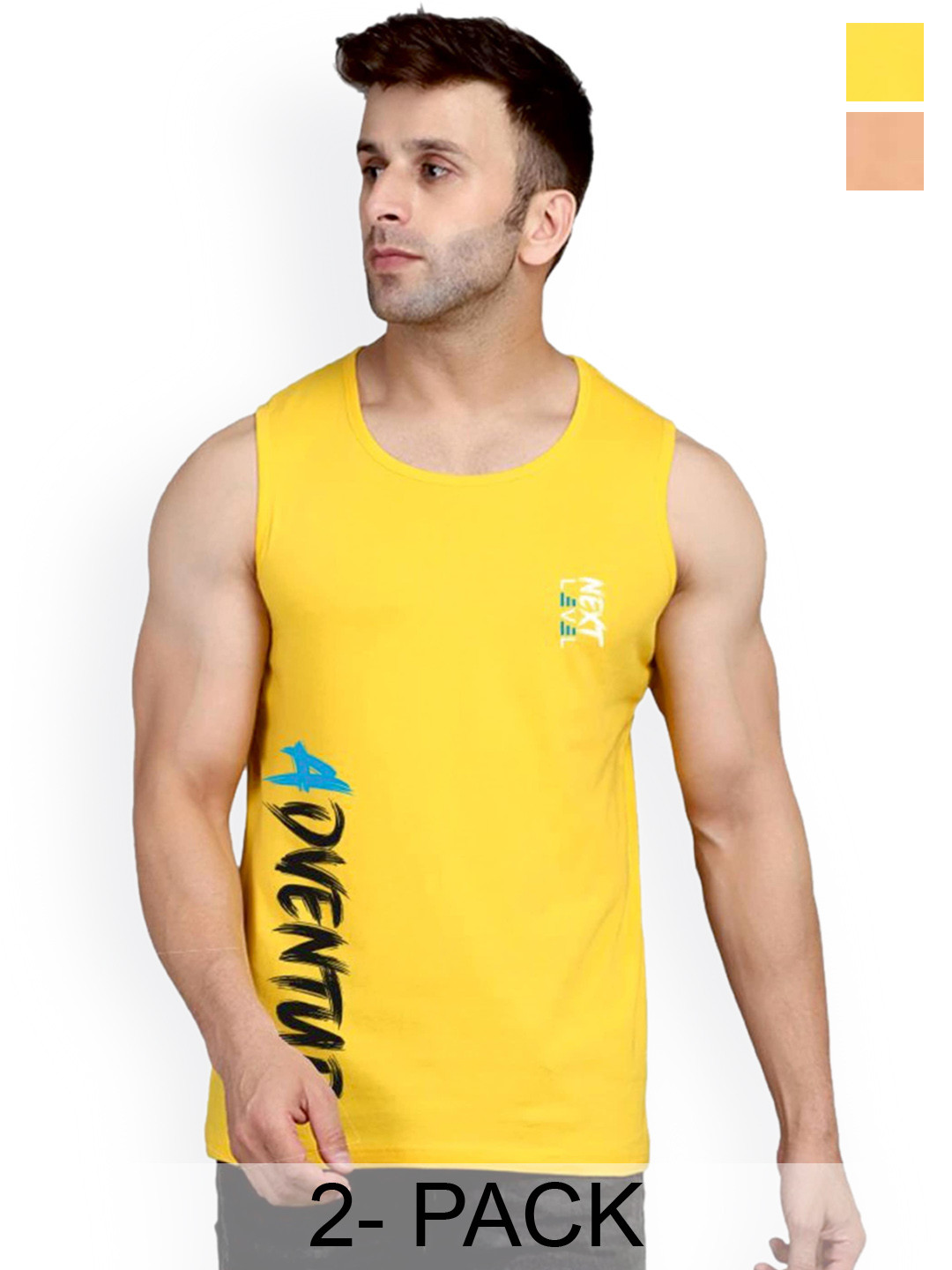 SLOWLORIS Pack Of 2 Printed Bio-Wash Cotton Gym Vests SL26 (RUST KEEP) (YELLOW ADV)