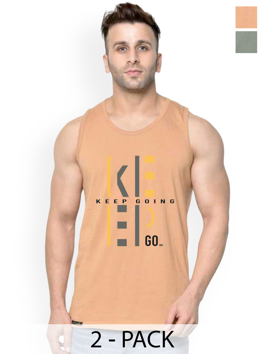 SLOWLORIS Pack Of 2 Printed Gym Innerwear Vests SL26 (RUST KEEP) (LGTGREEN ADV)