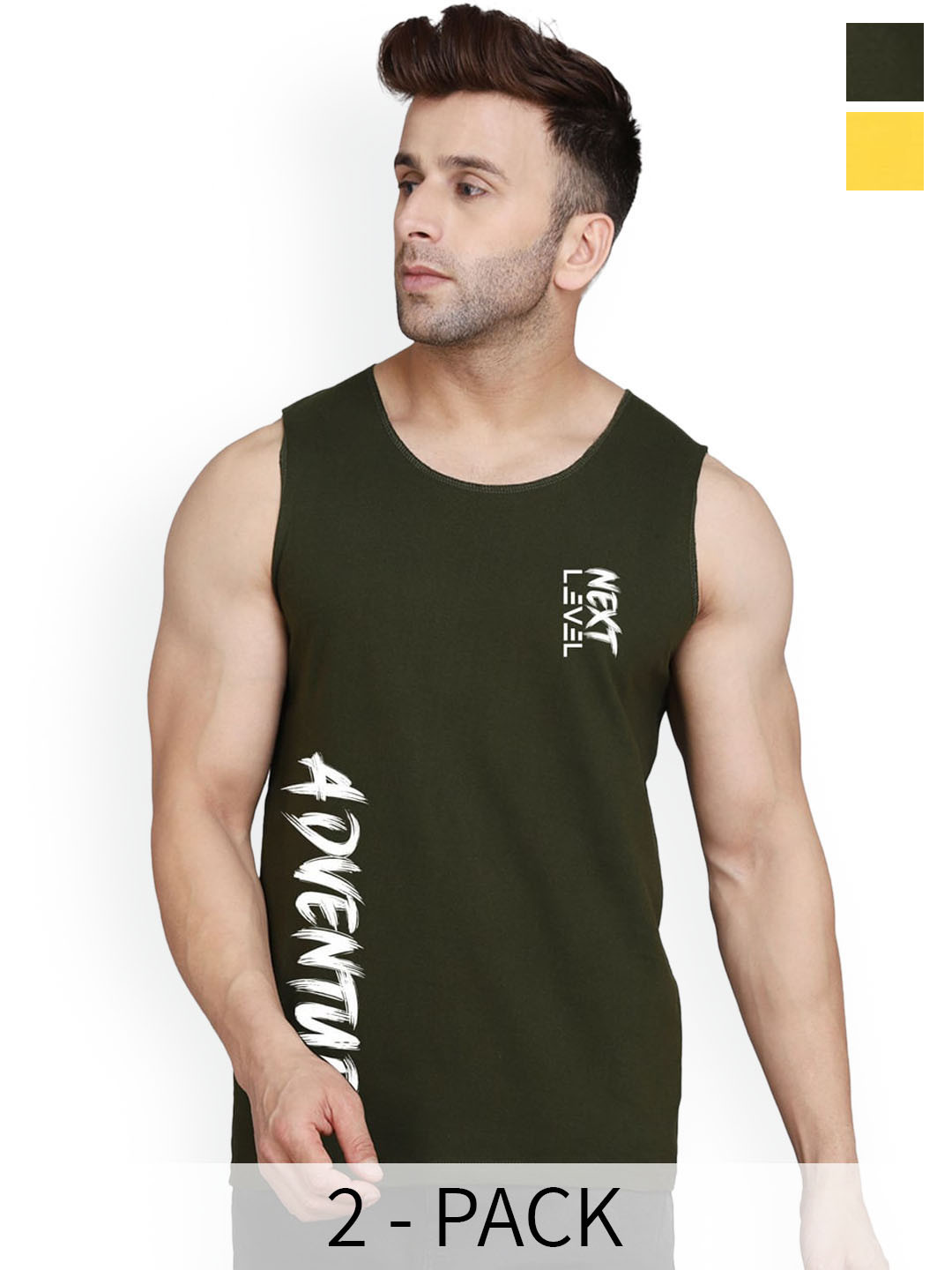 SLOWLORIS Pack Of 2 Bio-Wash Combed Cotton Innerwear Vest SL26 (YELLOW KEEP) (OLIVE ADV)