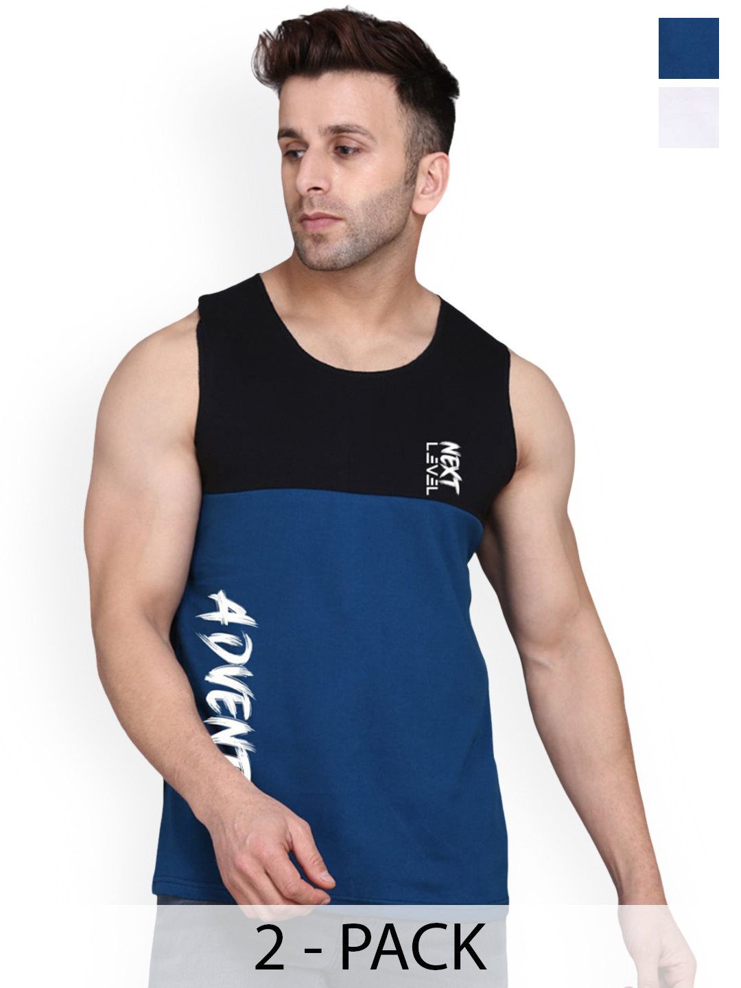 SLOWLORIS Pack Of 2 Printed Bio-Wash Cotton Gym Vests SL26 (WHITE KEEP) (BLACKPEACOCK ADV