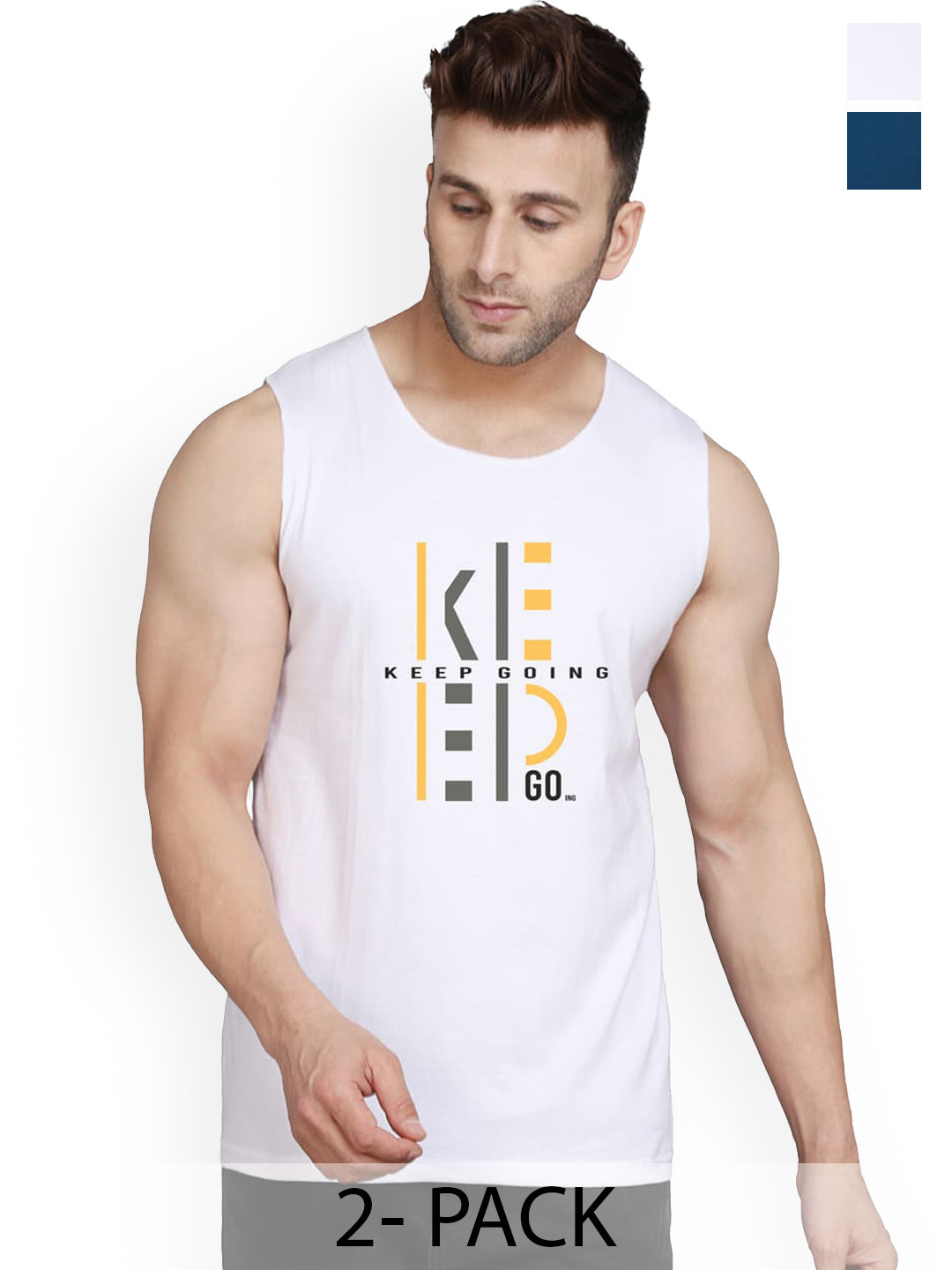 SLOWLORIS Pack Of 2 Printed Gym Innerwear Vests SL26 (WHITE KEEP) (PEACOCK ADV)