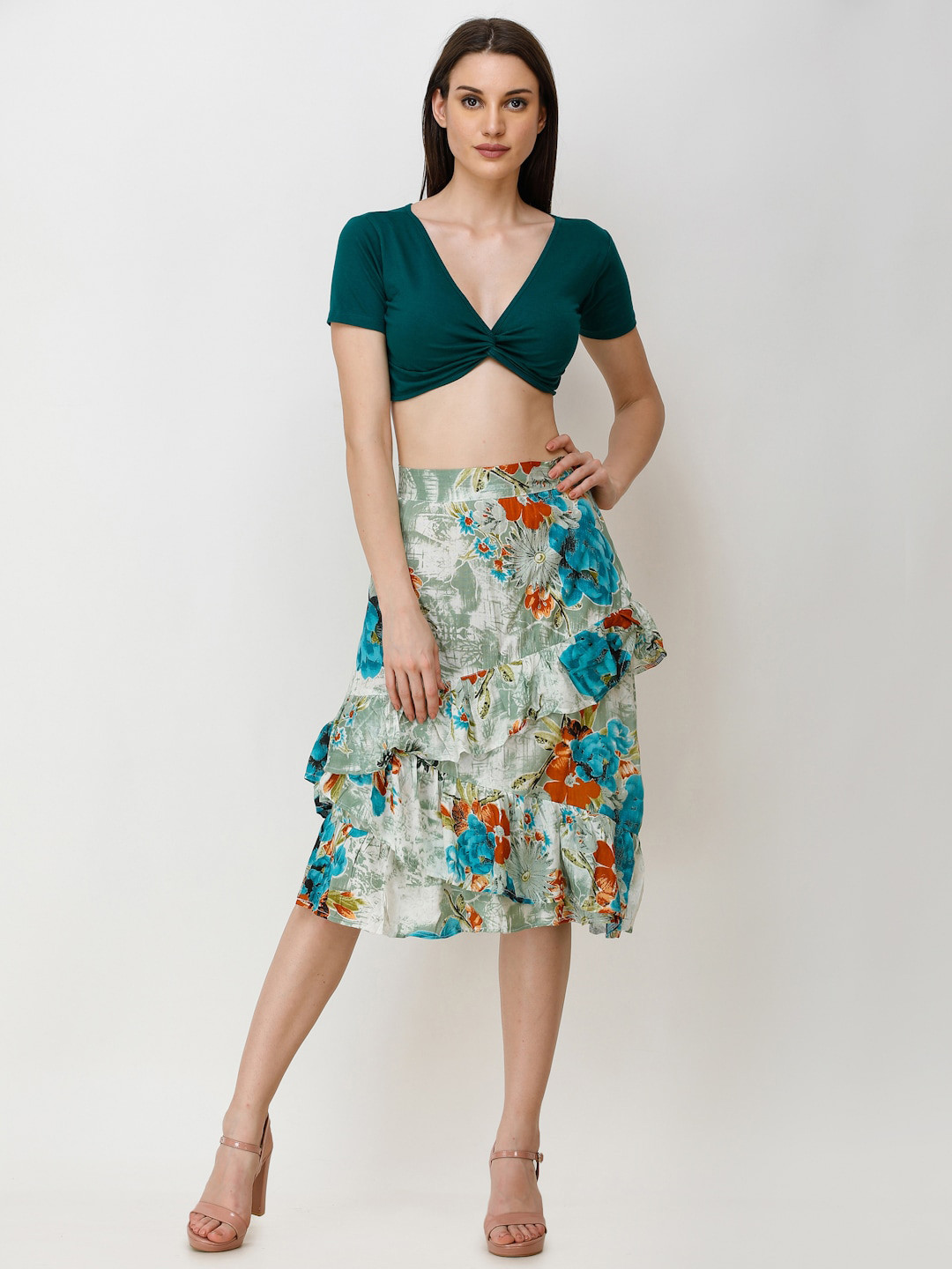 Cation Teal Green V-Neck Cotton Fitted Crop Top