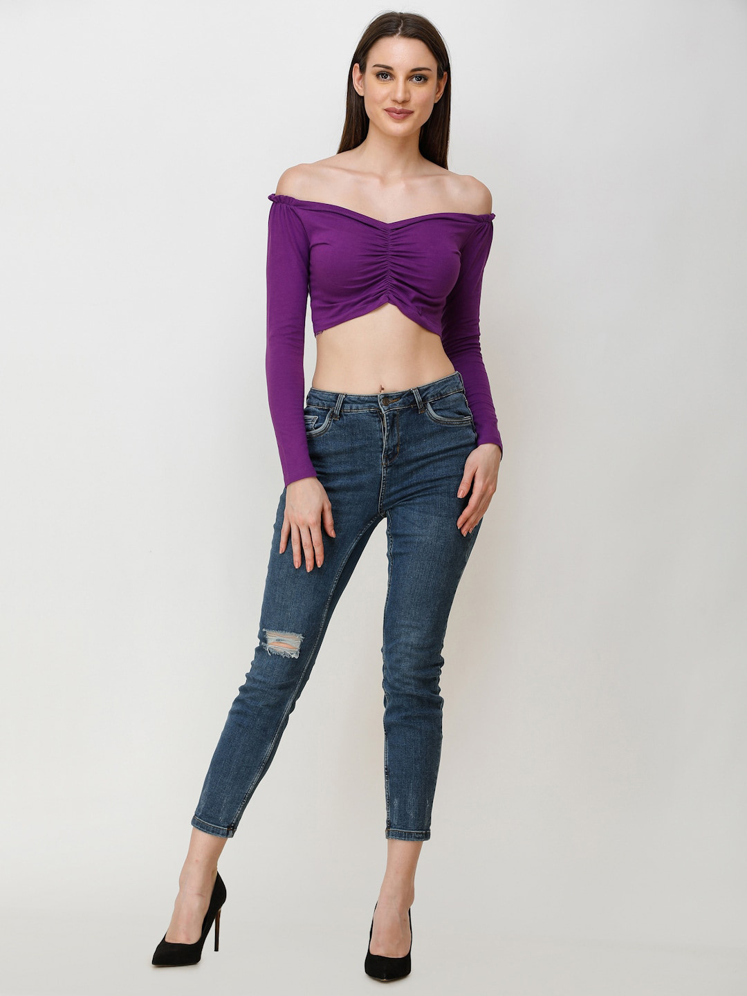 Cation Purple Off-Shoulder Cotton Ruched Fitted Crop Top