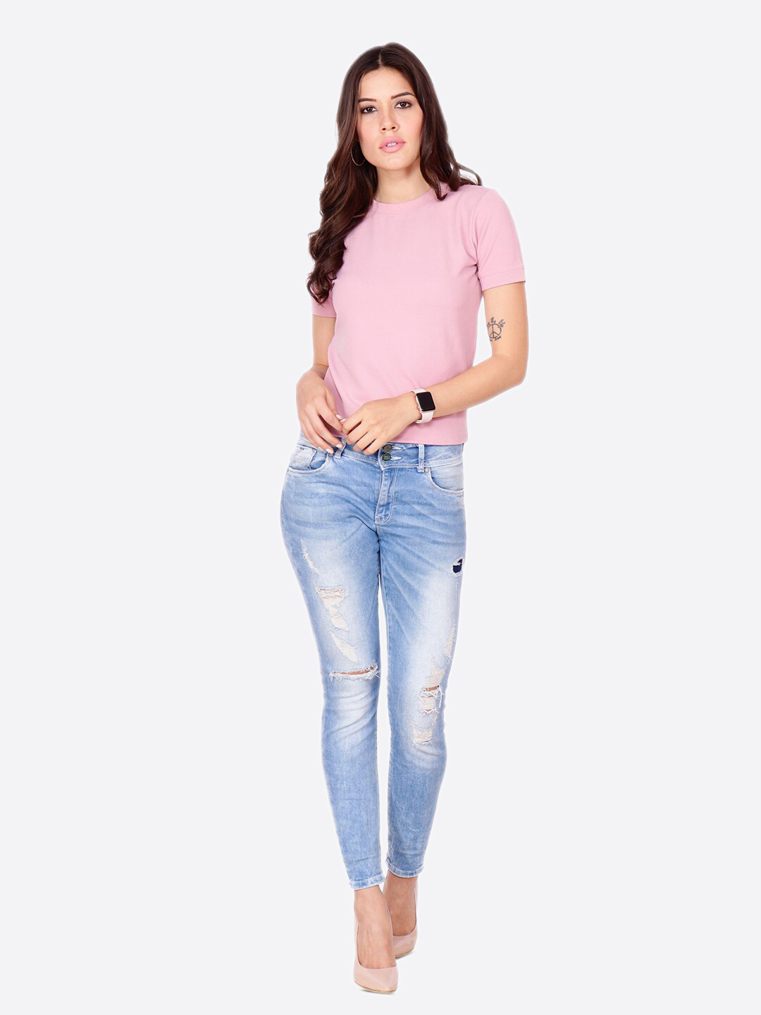 Cation Pink Self Design High Neck Cotton Top