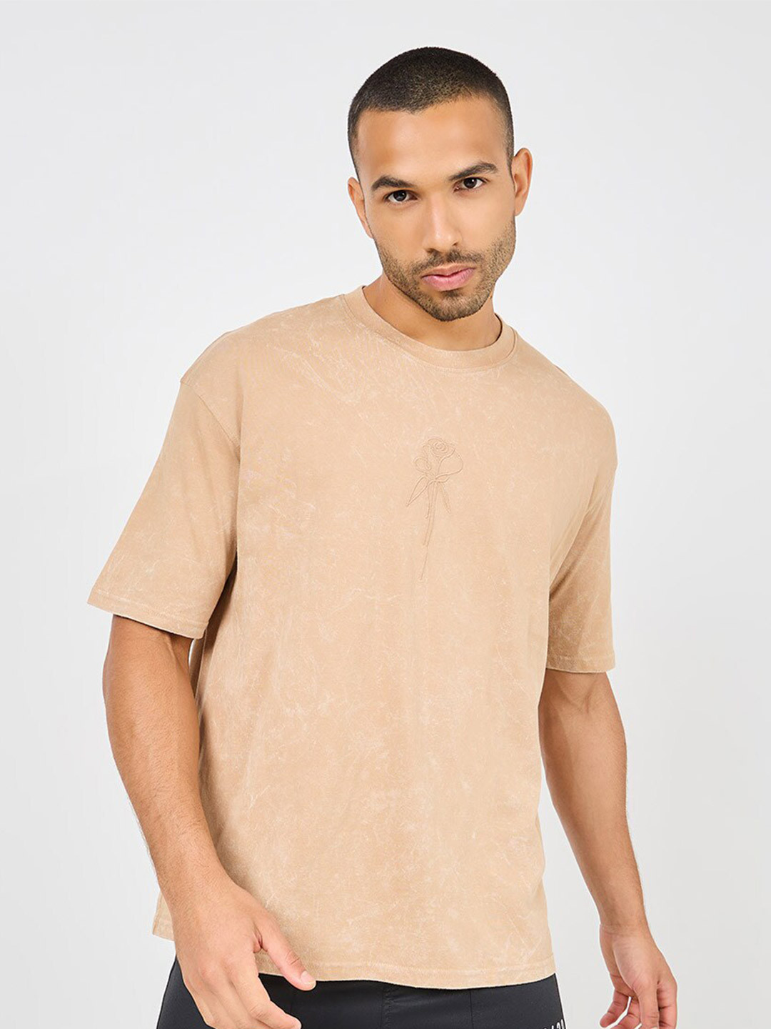 Styli Rose Embroidered Acid Wash Oversized T-shirt